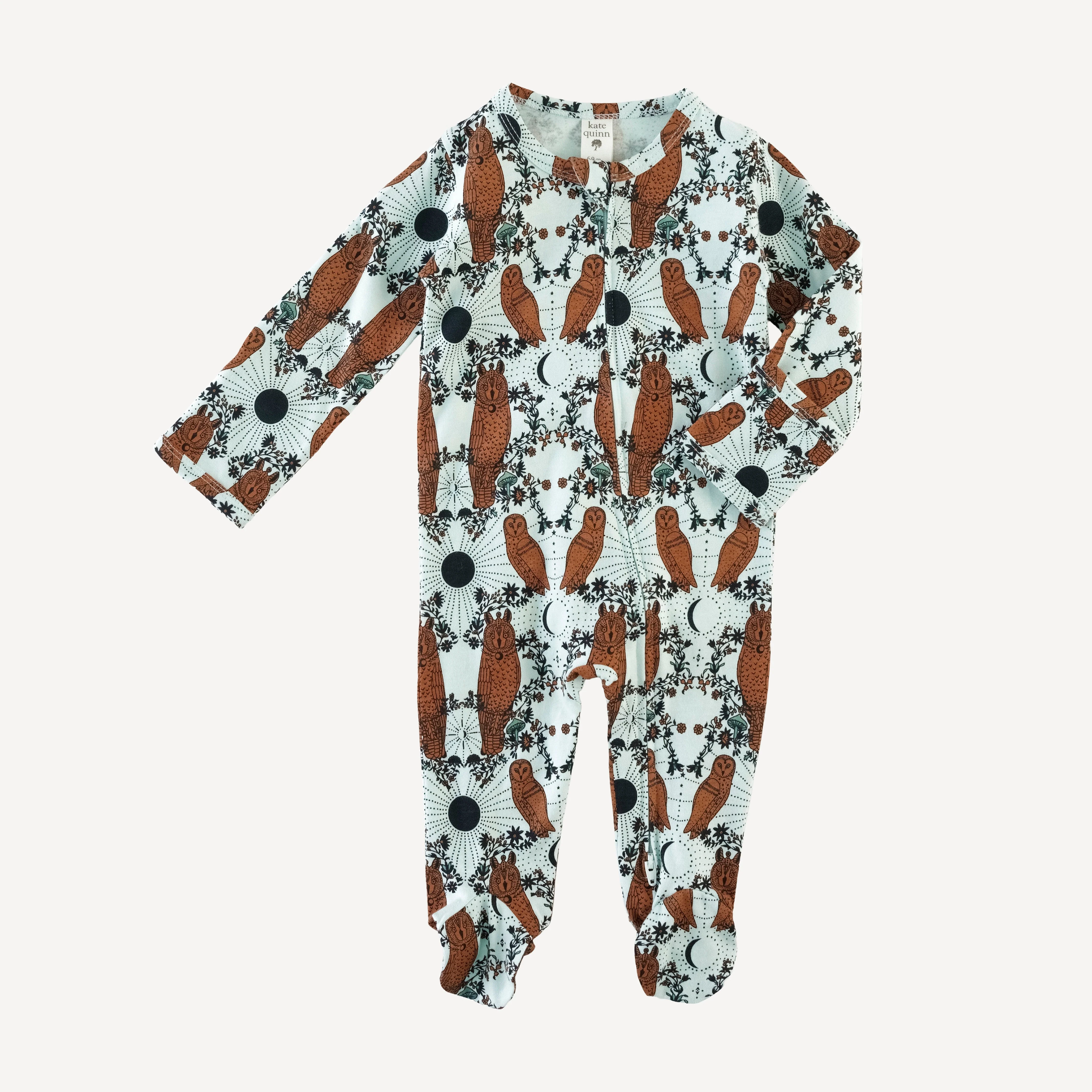 long sleeve two way zipper footie | rust mystical owl | organic cotton jersey - Image 3