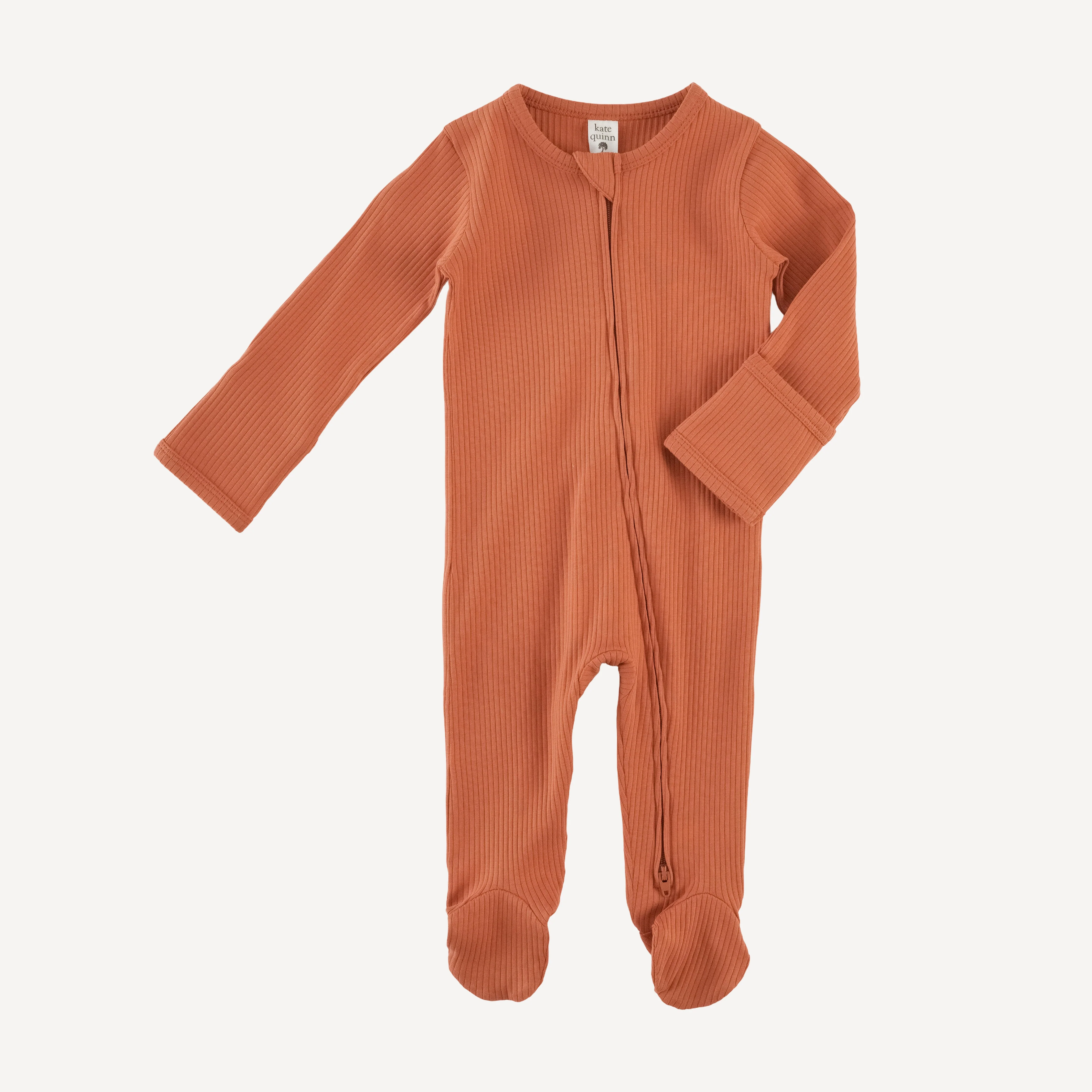 long sleeve two way zipper footie | rust | organic cotton single rib - Image 3