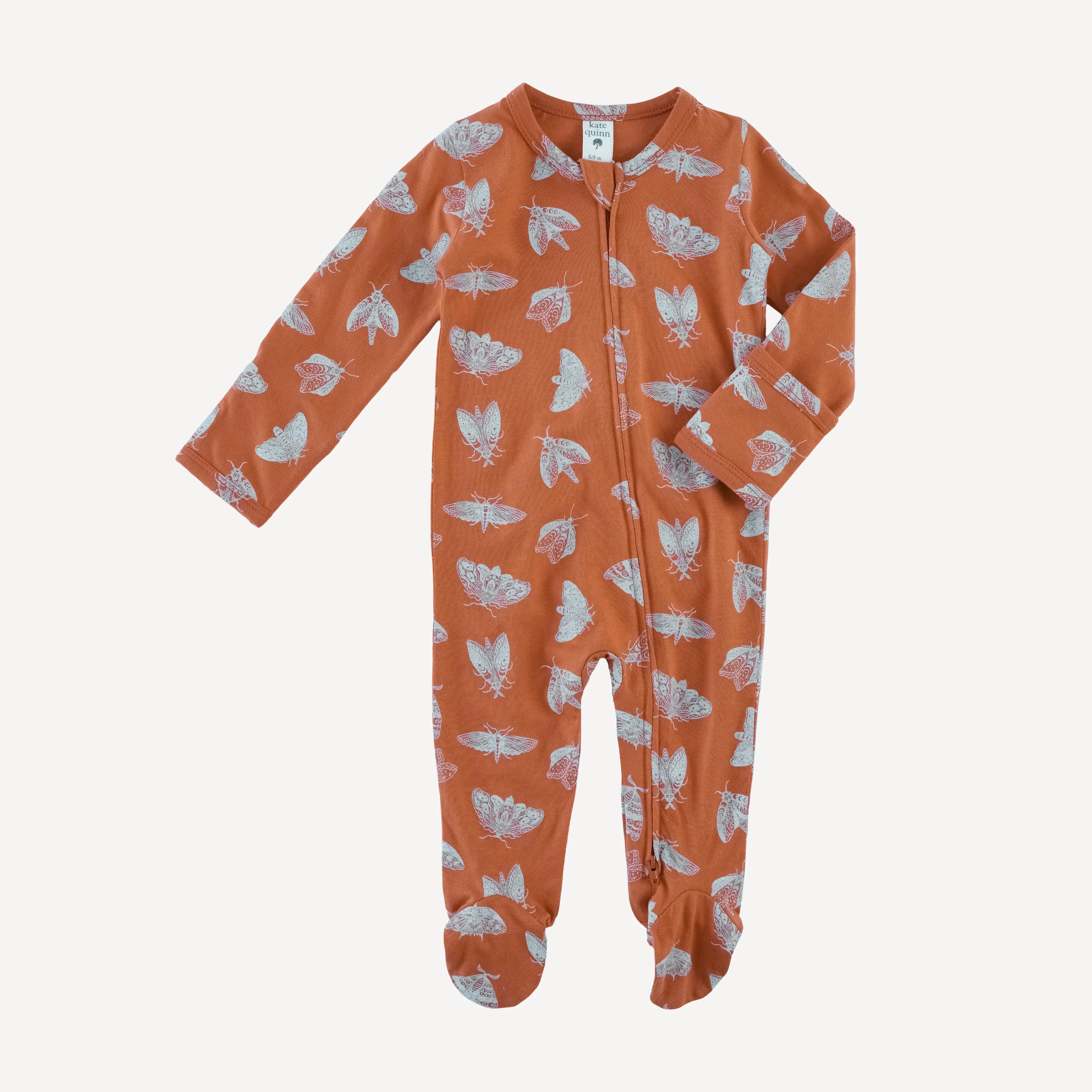 long sleeve two way zipper footie | spicy moth scatter | organic cotton jersey - Image 3