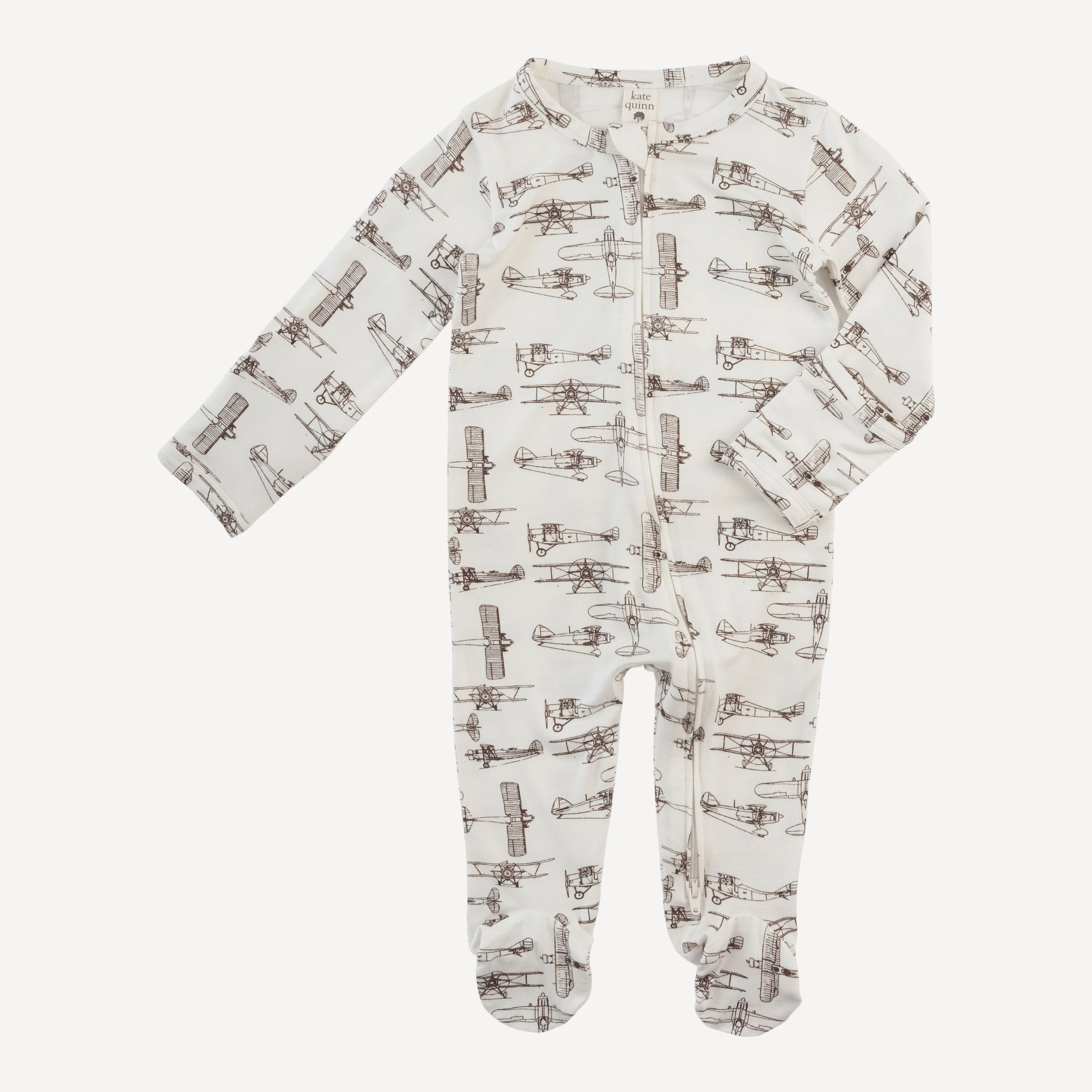 long sleeve two way zipper footie | vintage airplane | bamboo - Image 3