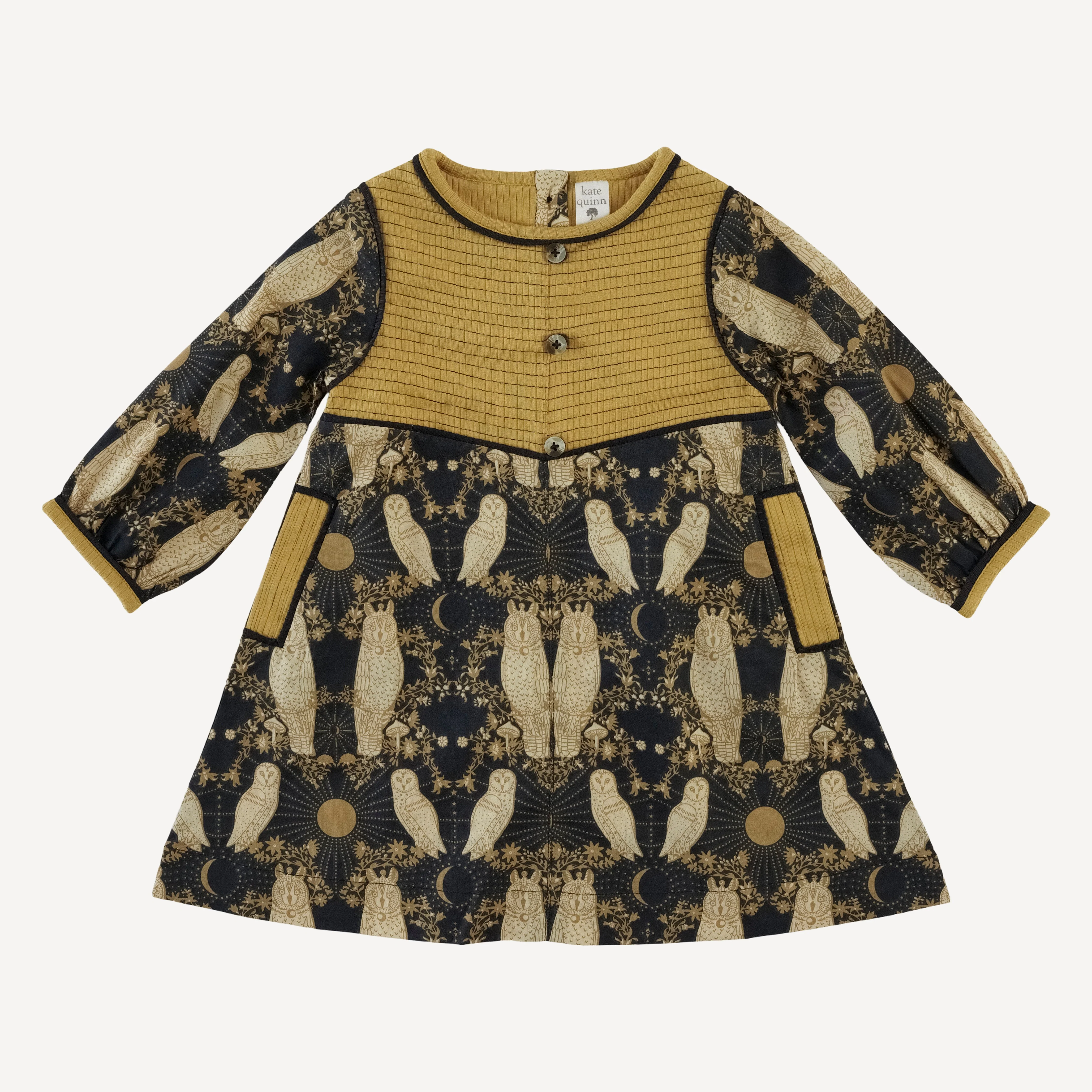 long sleeve yoke dress | mystical owl | organic cotton woven