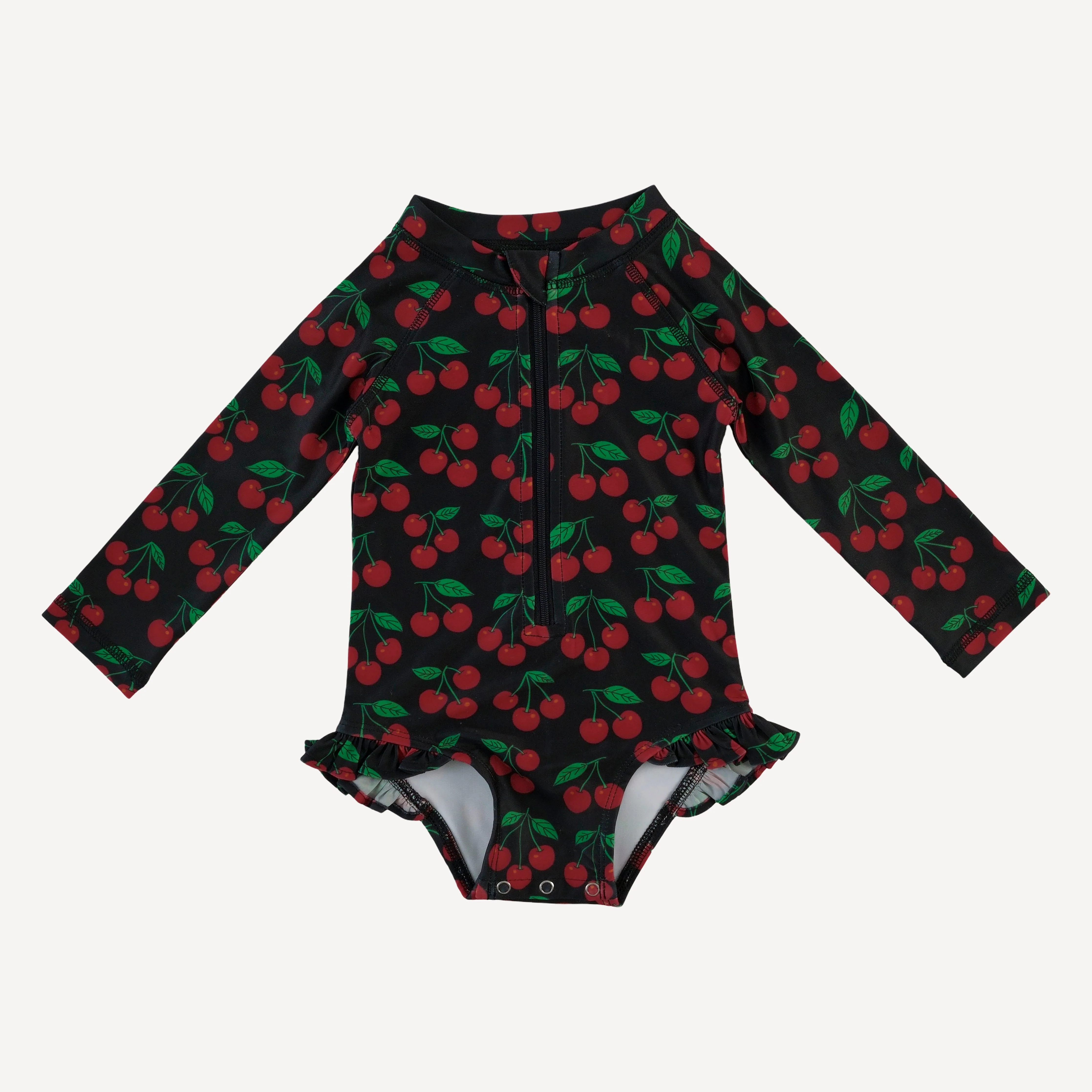 long sleeve zip front ruffle swimsuit | cherries | swim