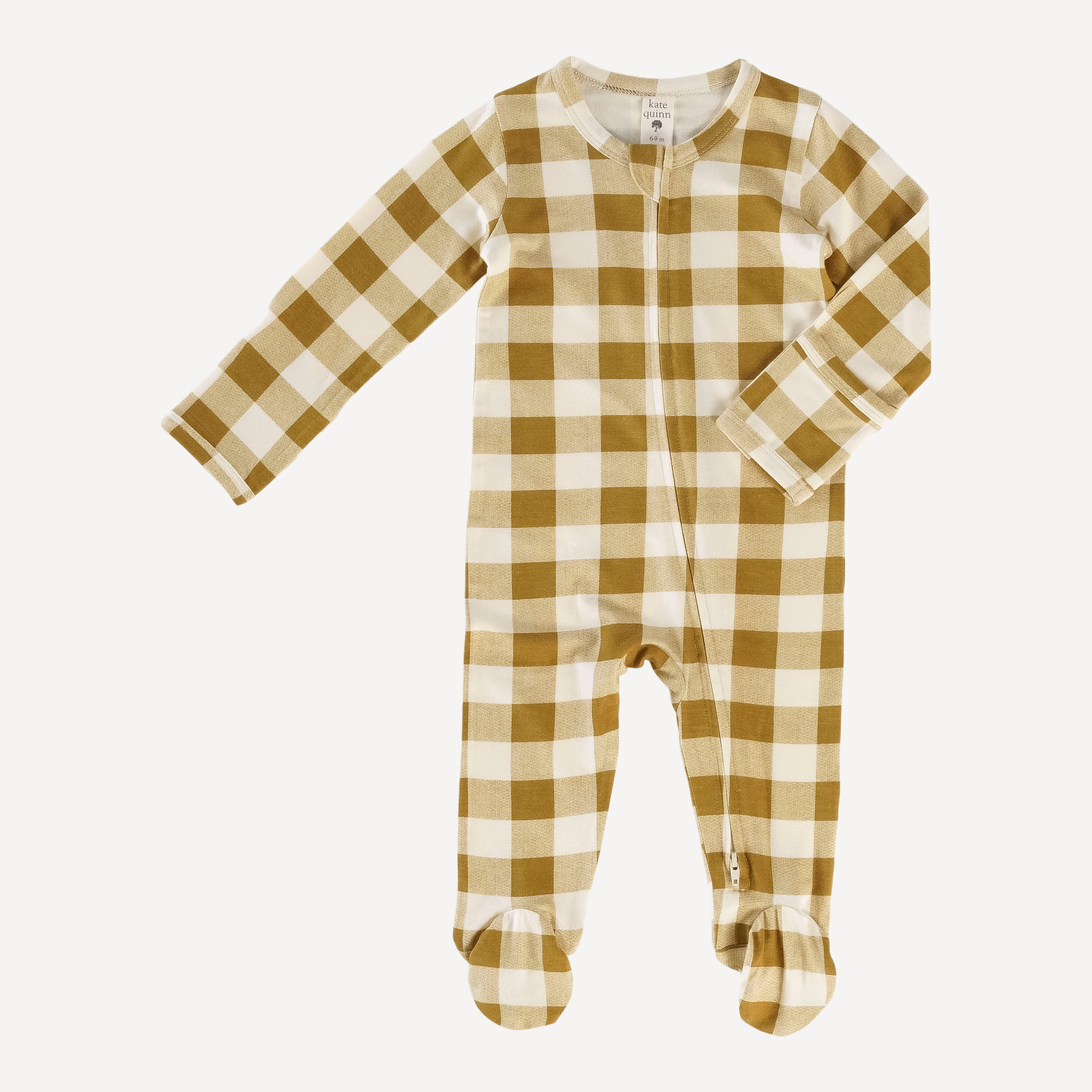 long sleeve two way zipper footie | fennel gingham | bamboo - Image 3