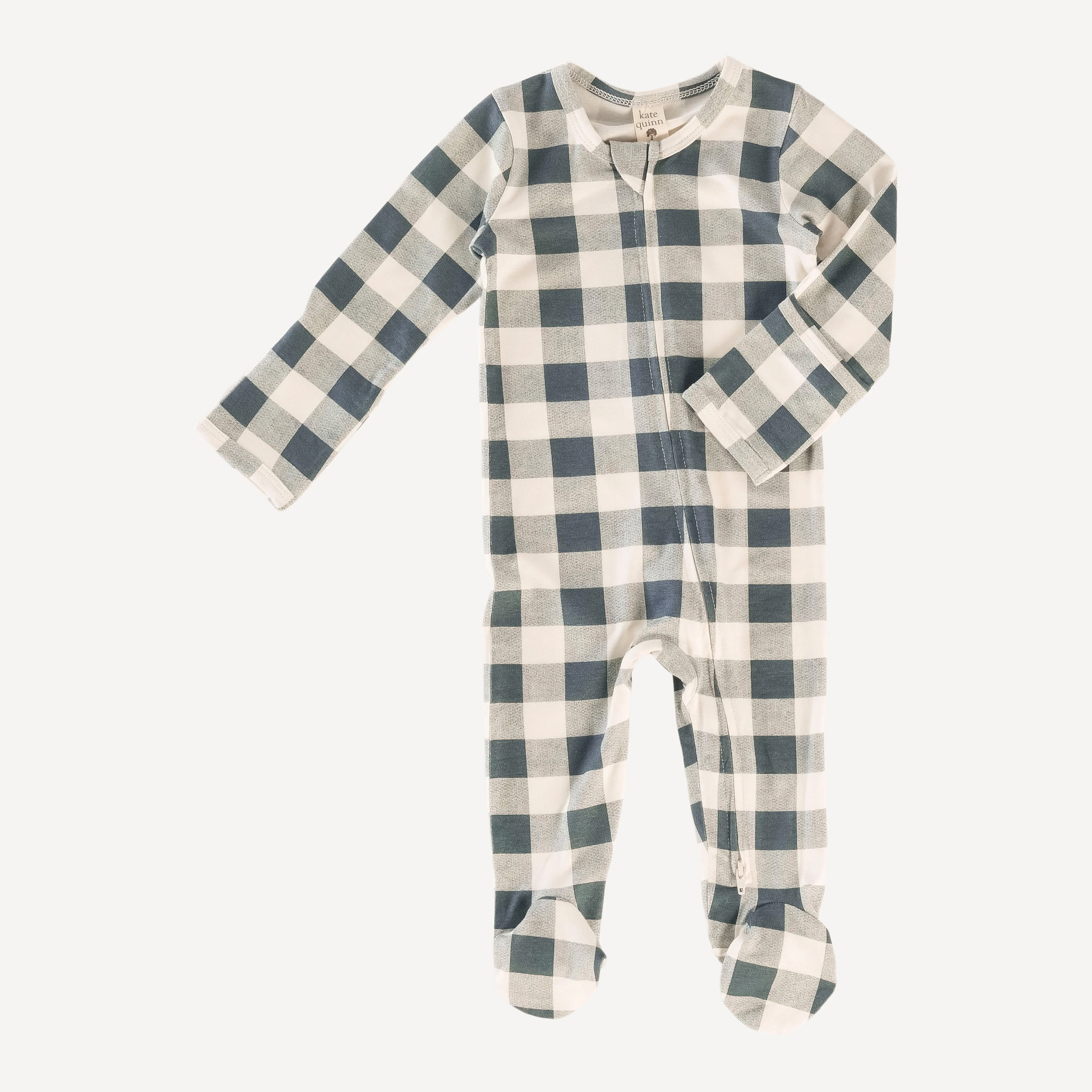 long sleeve two way zipper footie | slate blue gingham | bamboo - Image 3