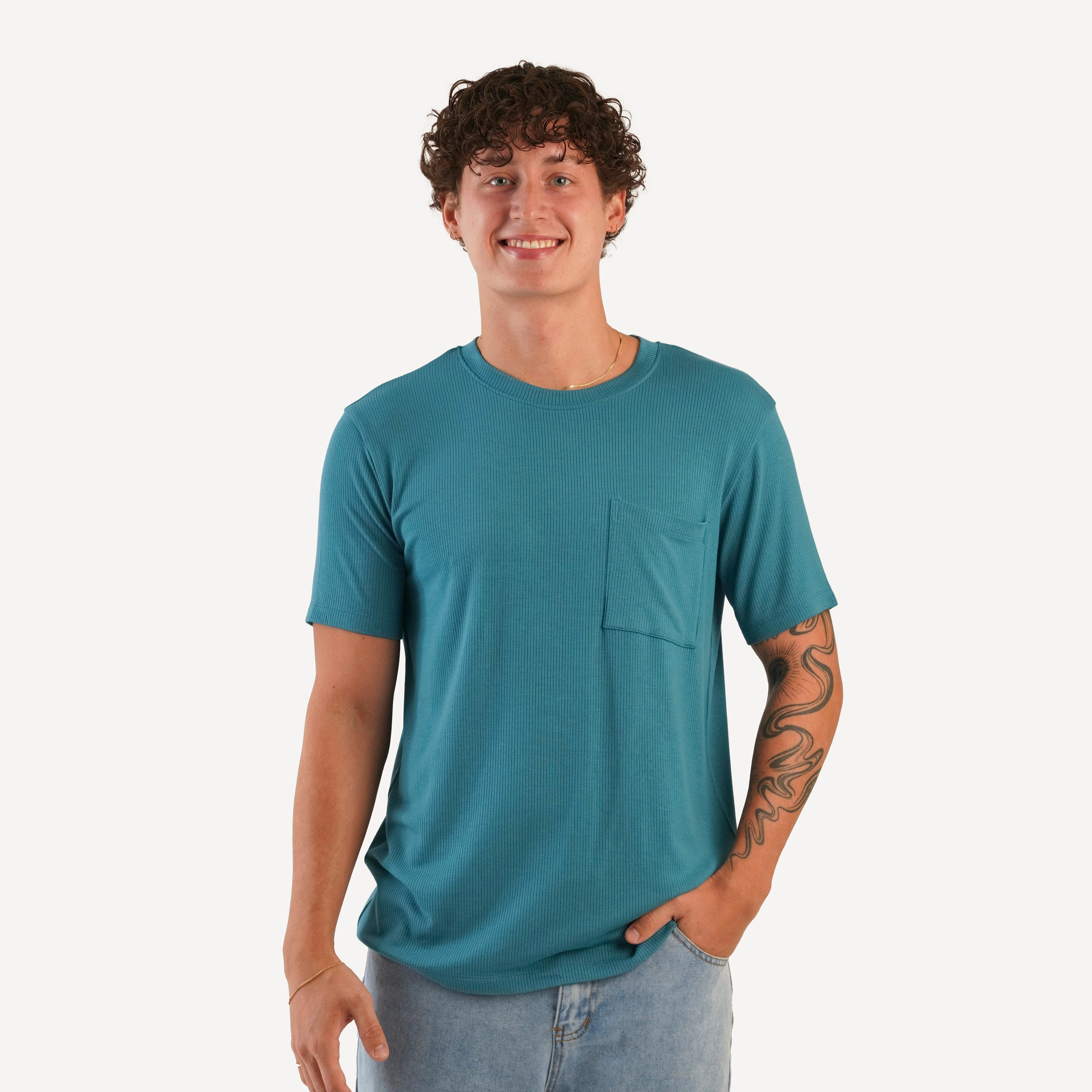mens short sleeve pocket tee | teal | modal skinny rib
