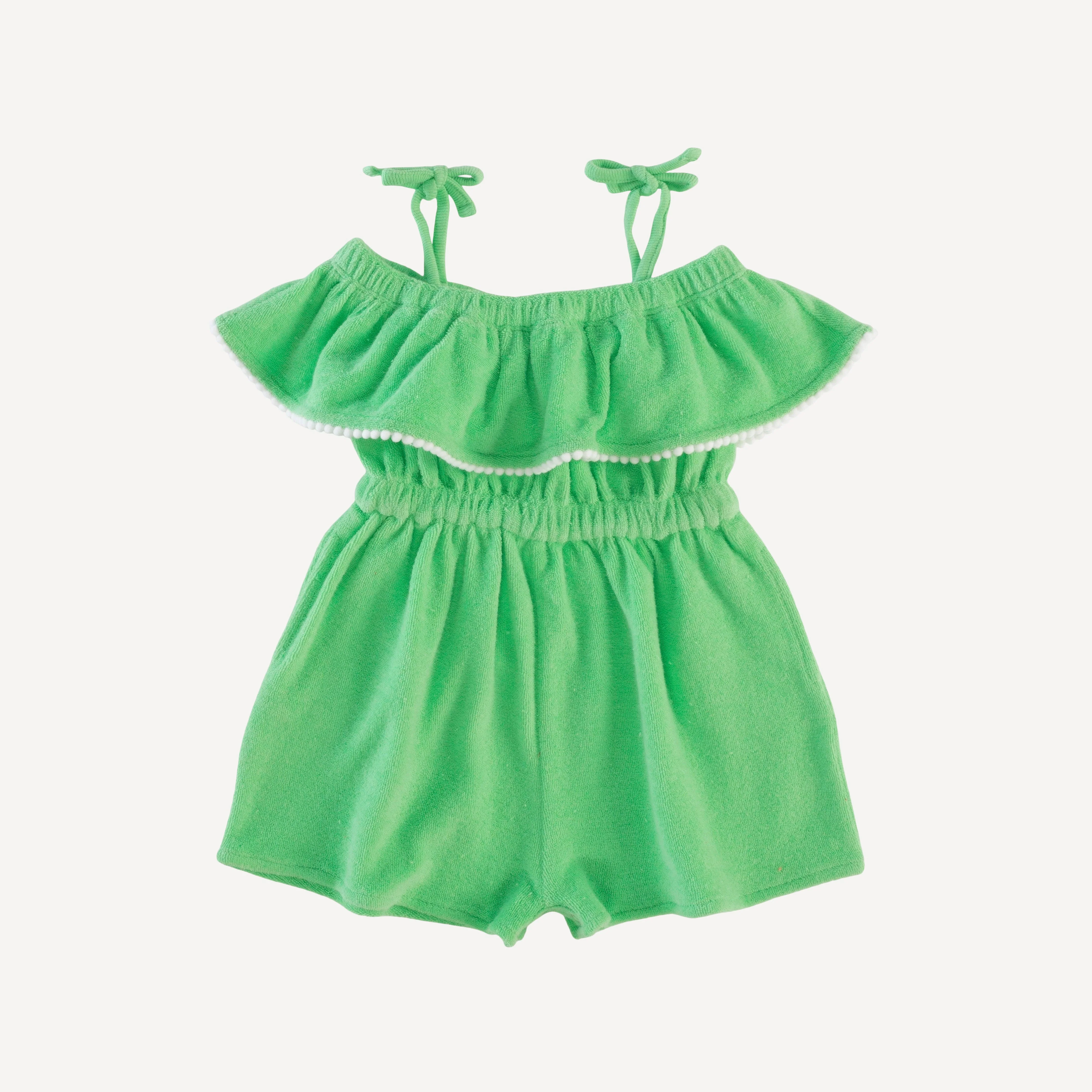 off shoulder ruffle shortie jumpsuit | summer green | organic cotton terry