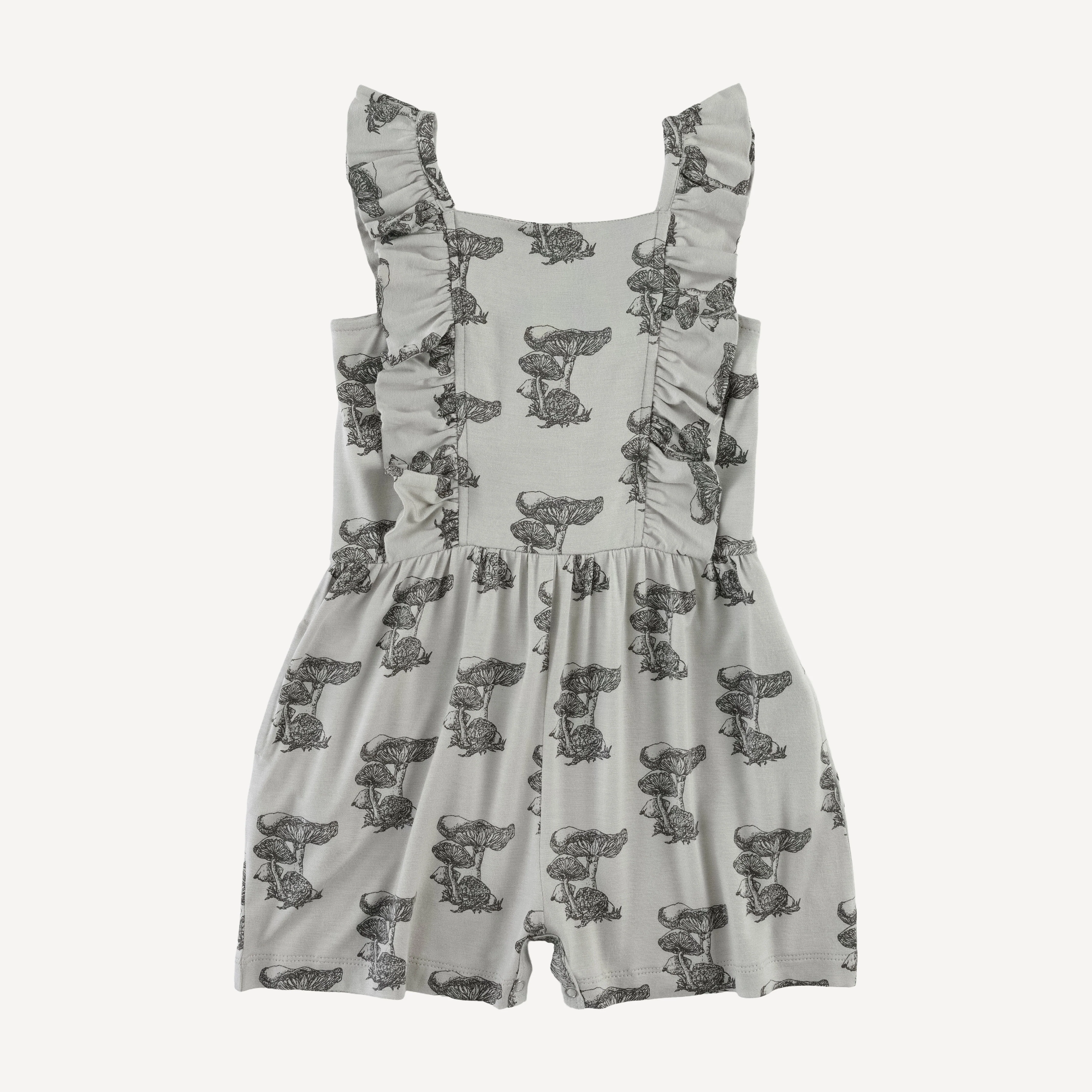pinafore ruffle romper | gray mushroom snail | bamboo