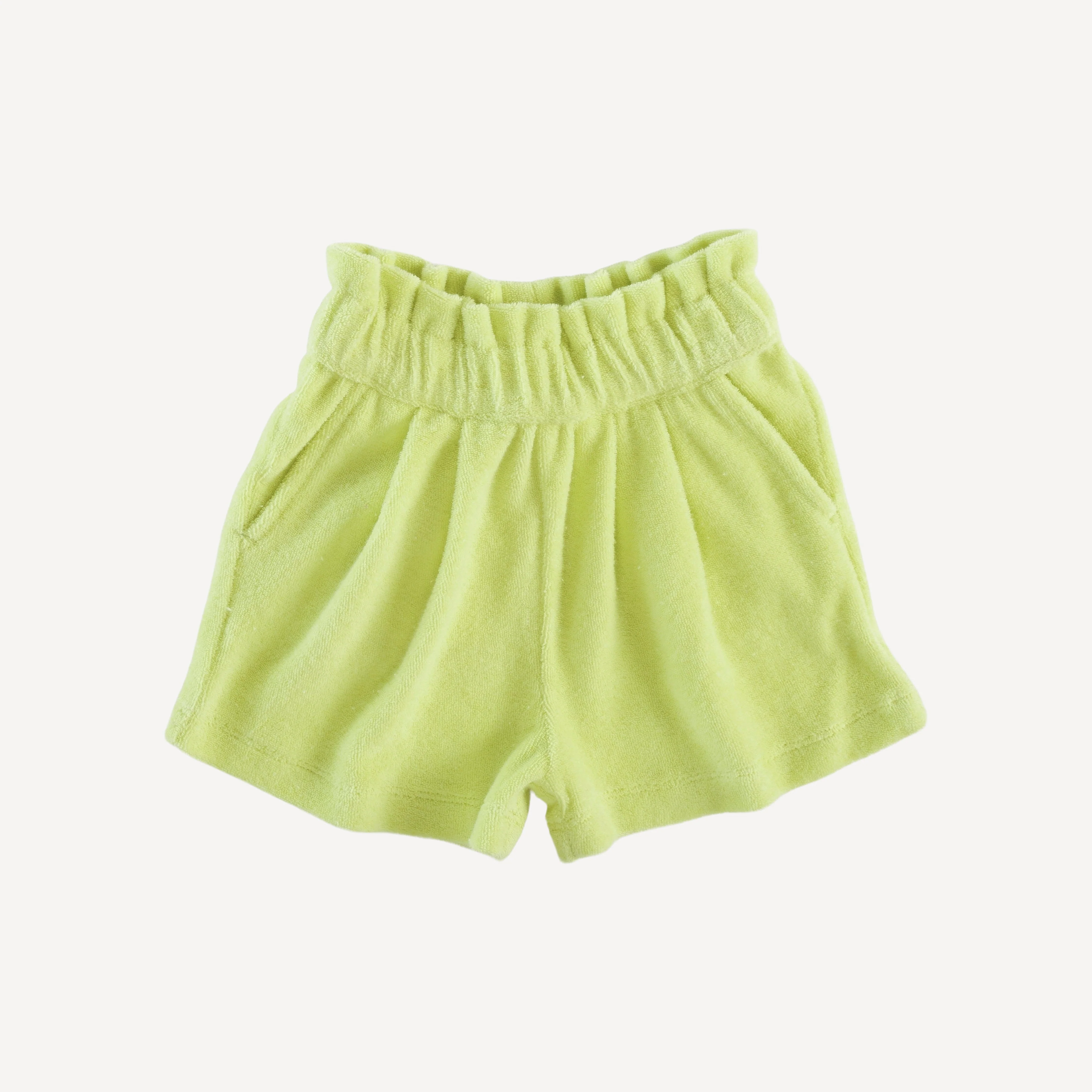 pleated gathered waist short | lime | organic cotton terry