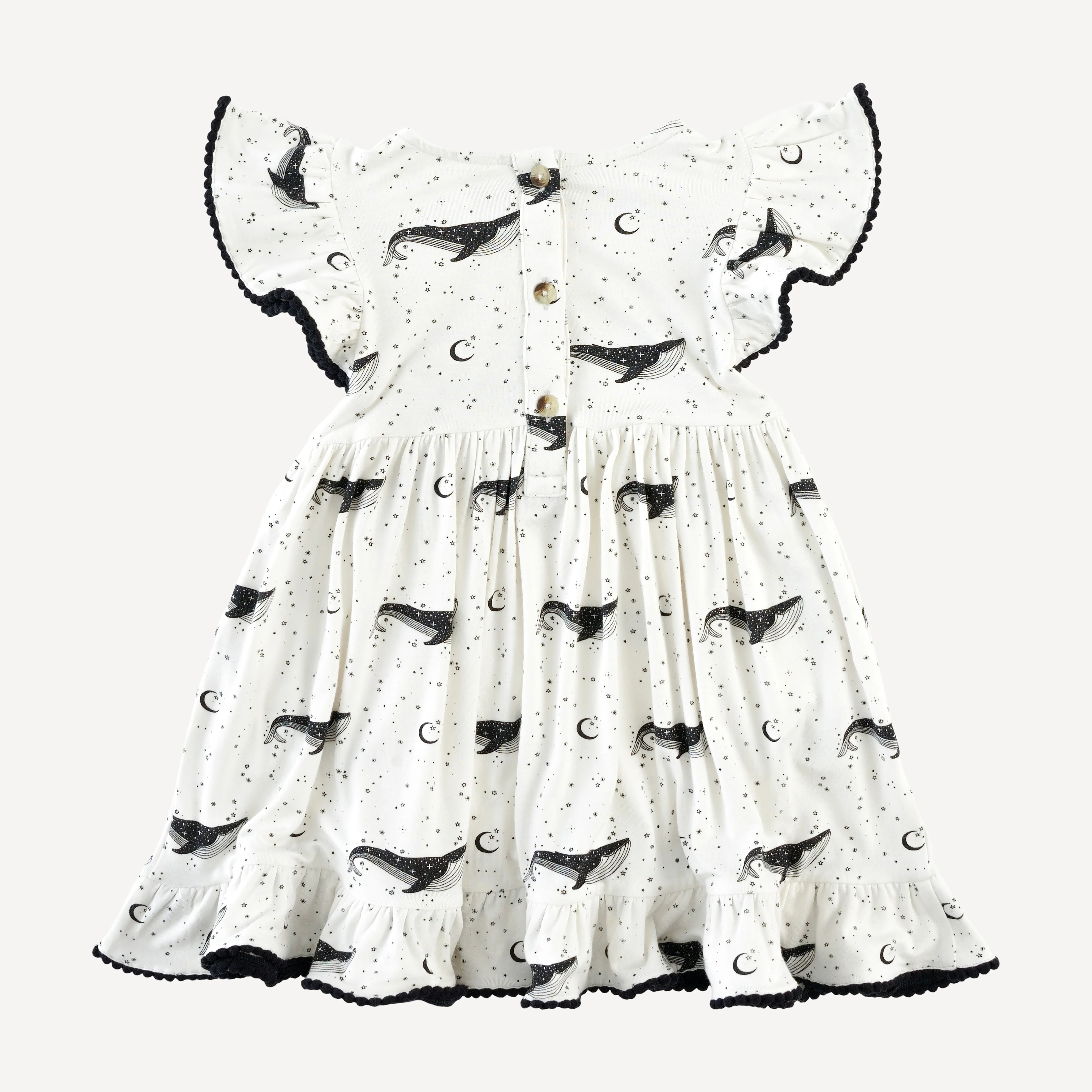 flutter sleeve pom pom pinafore dress | mystical whales | bamboo - Image 3