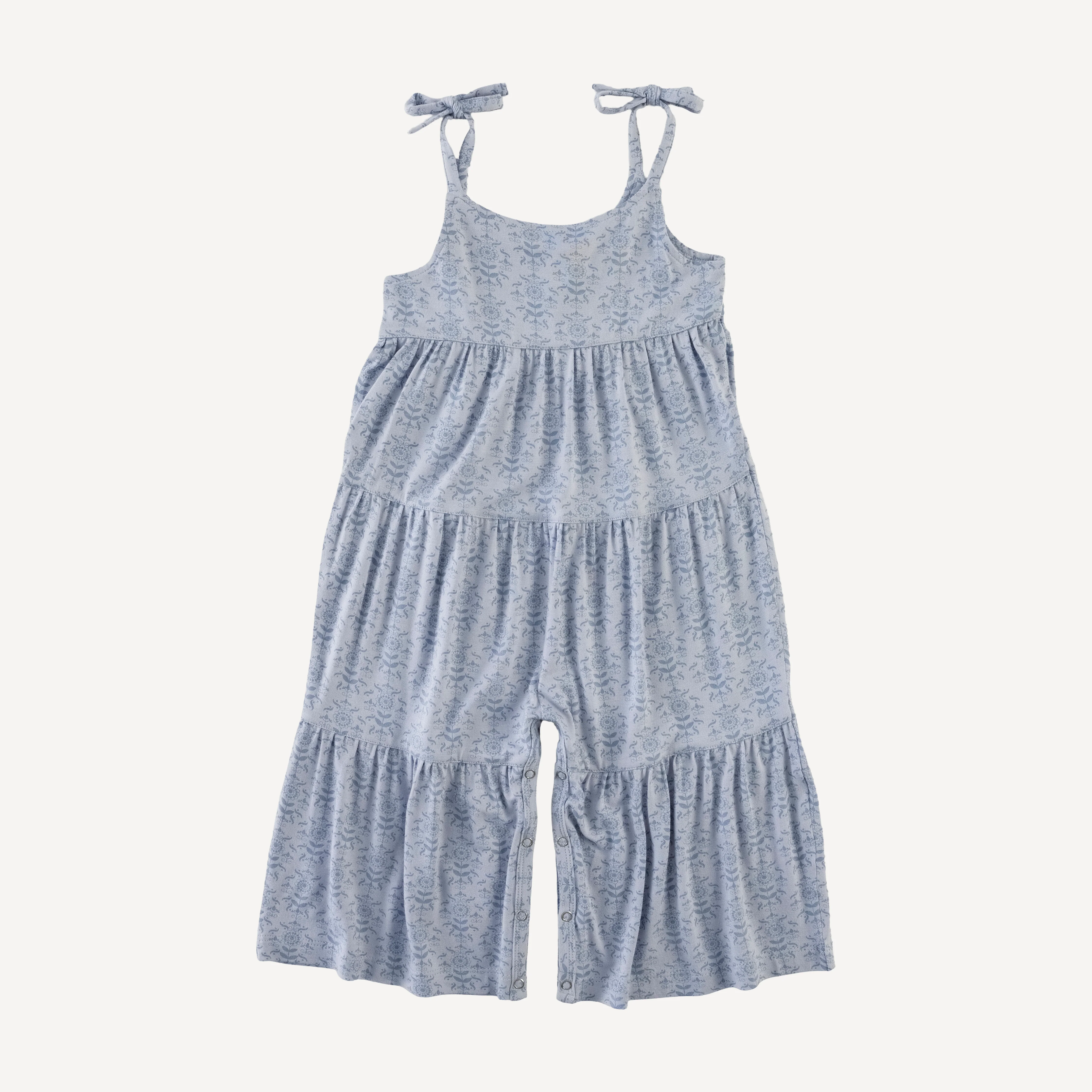 spaghetti tie prairie gaucho jumpsuit | cornflower folk wallpaper | bamboo