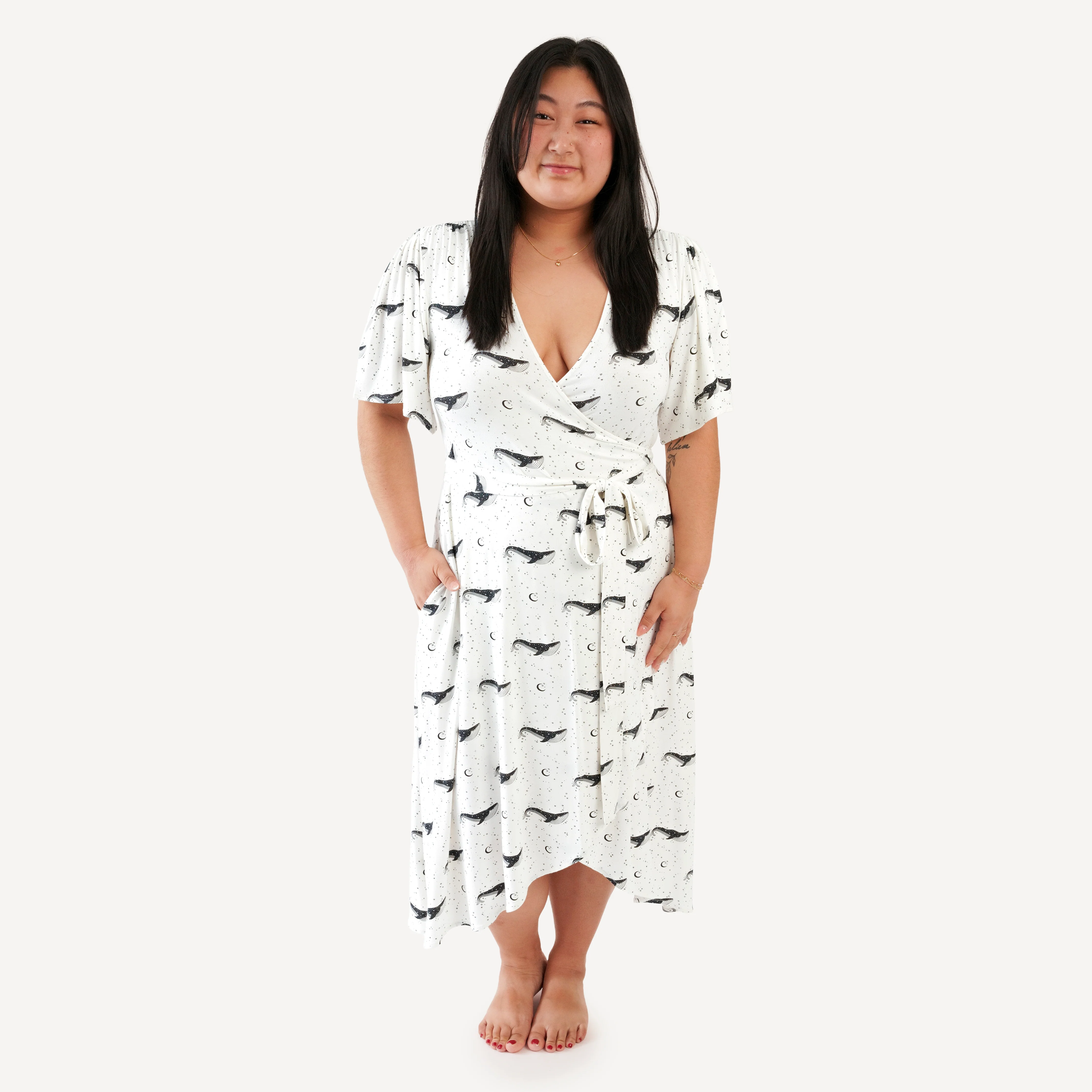 womens flutter sleeve wrap dress | mystical whales | bamboo