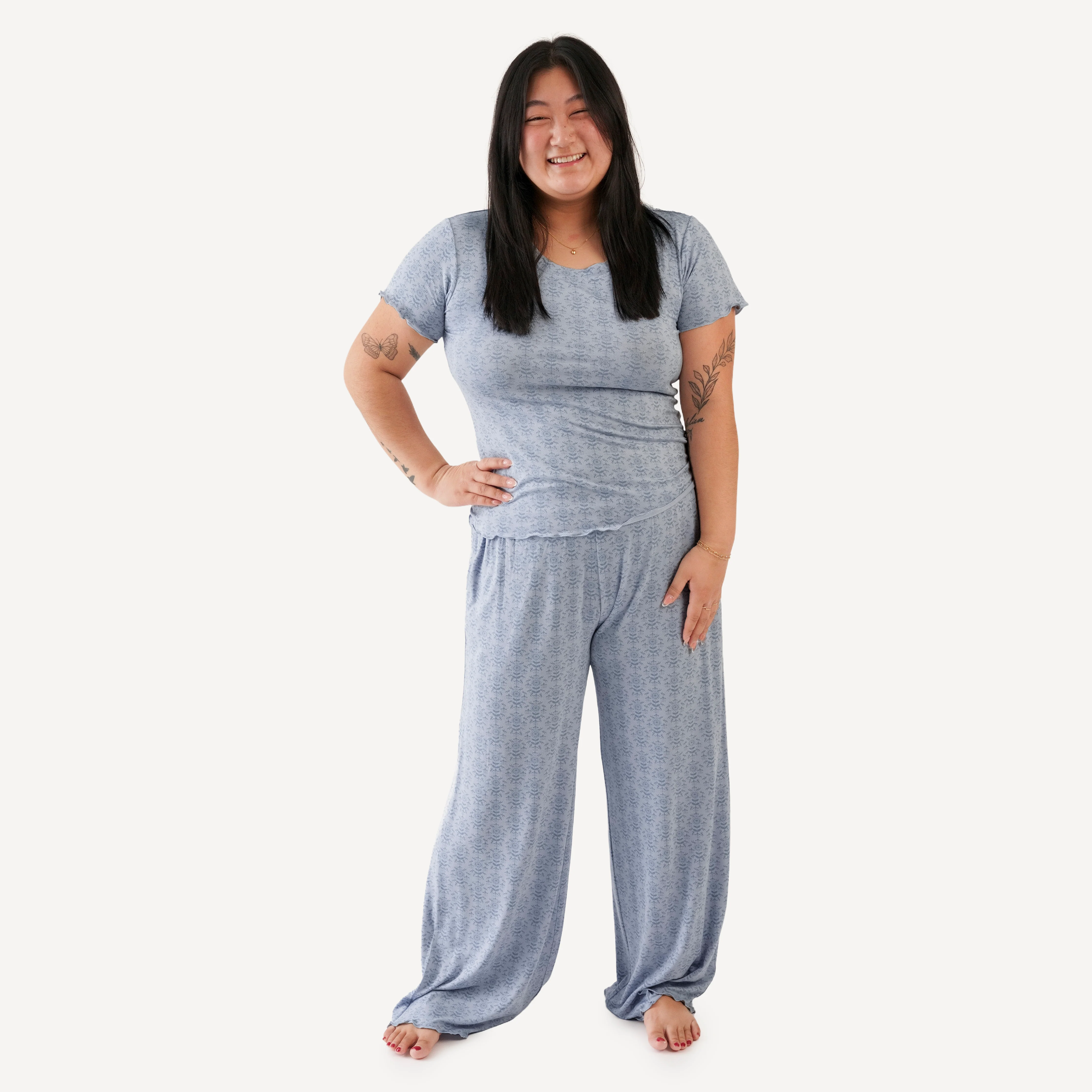 womens short sleeve jade set | cornflower folk wallpaper | bamboo