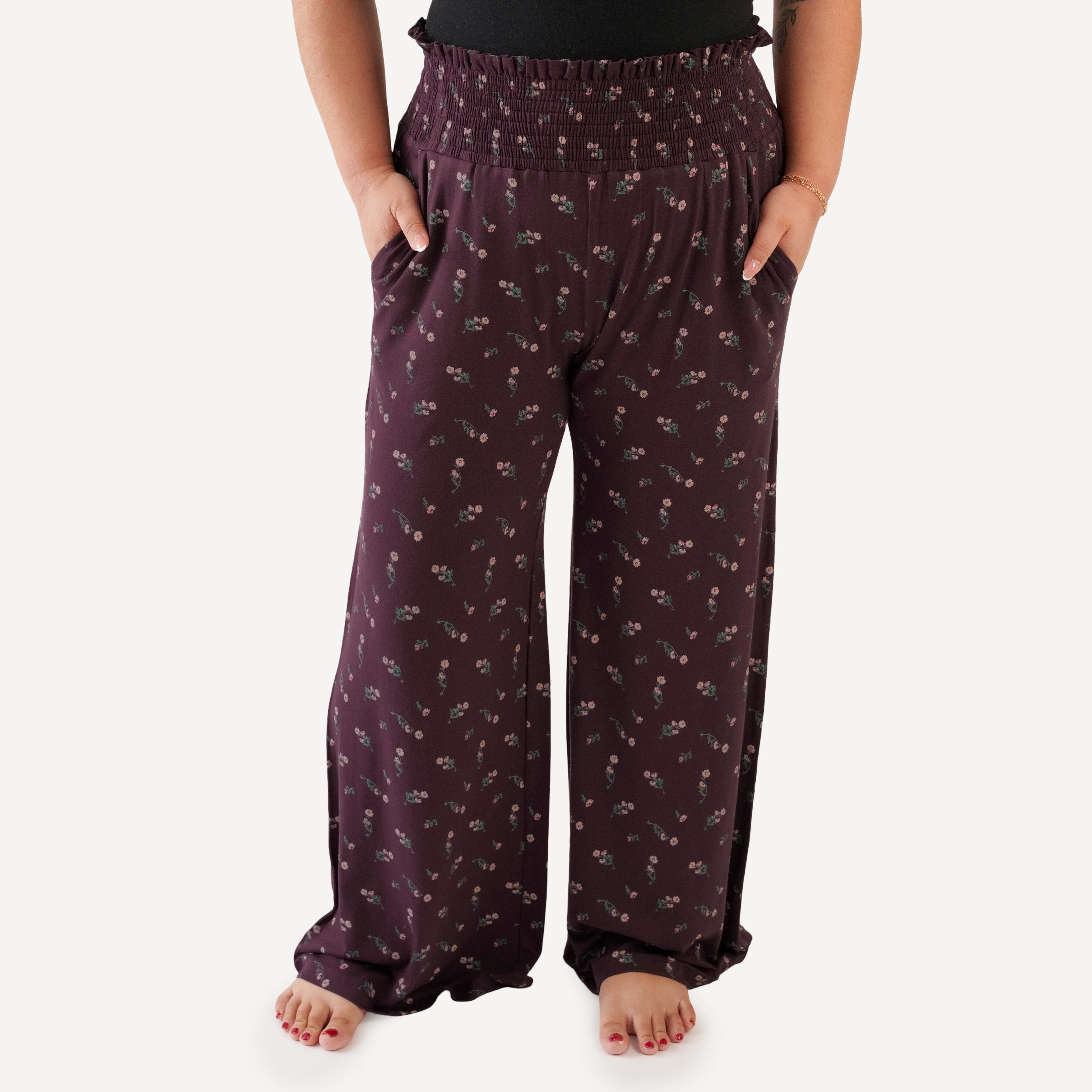 womens smocked gaucho pant | huckleberry chamomile | bamboo