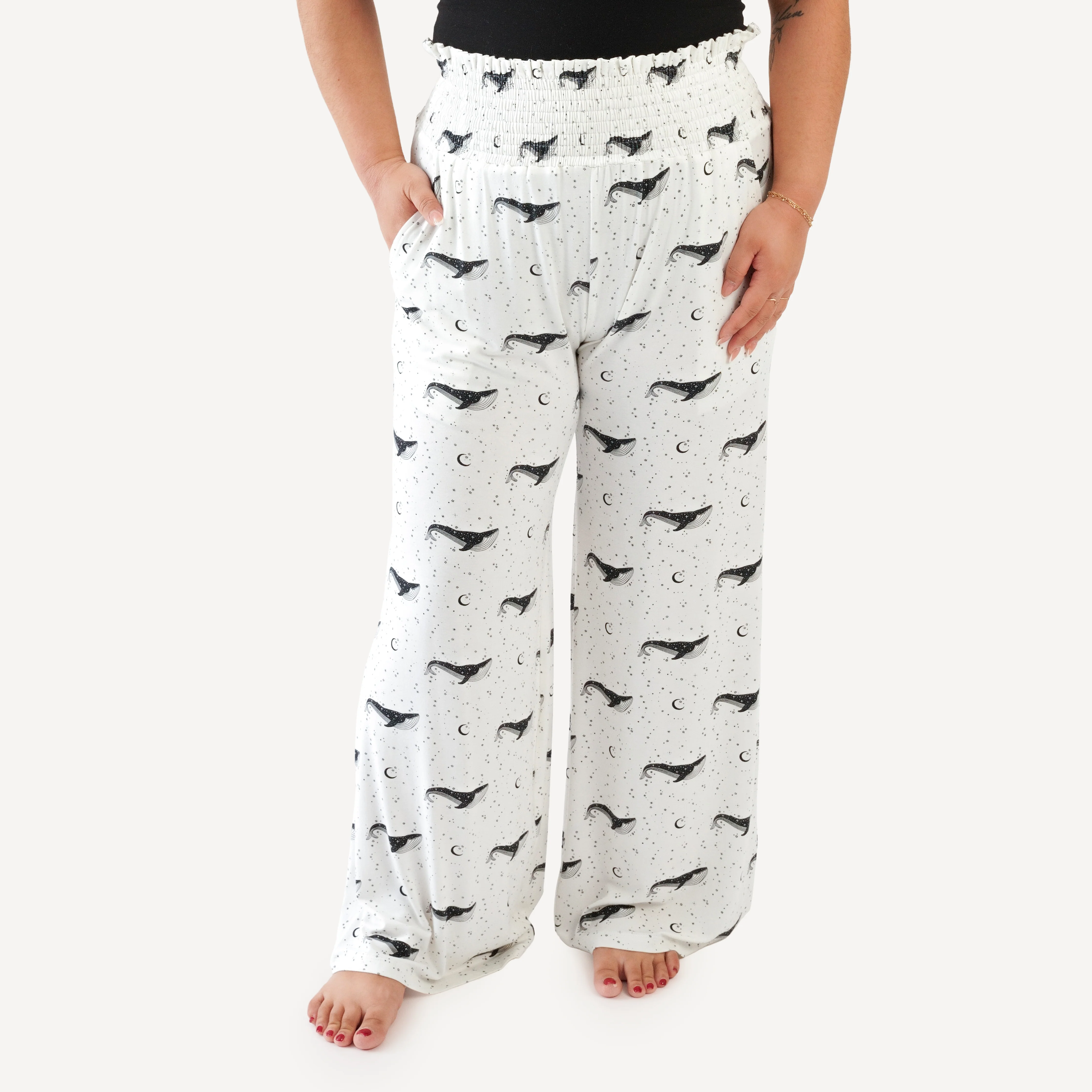 womens smocked gaucho pant | mystical whales | bamboo