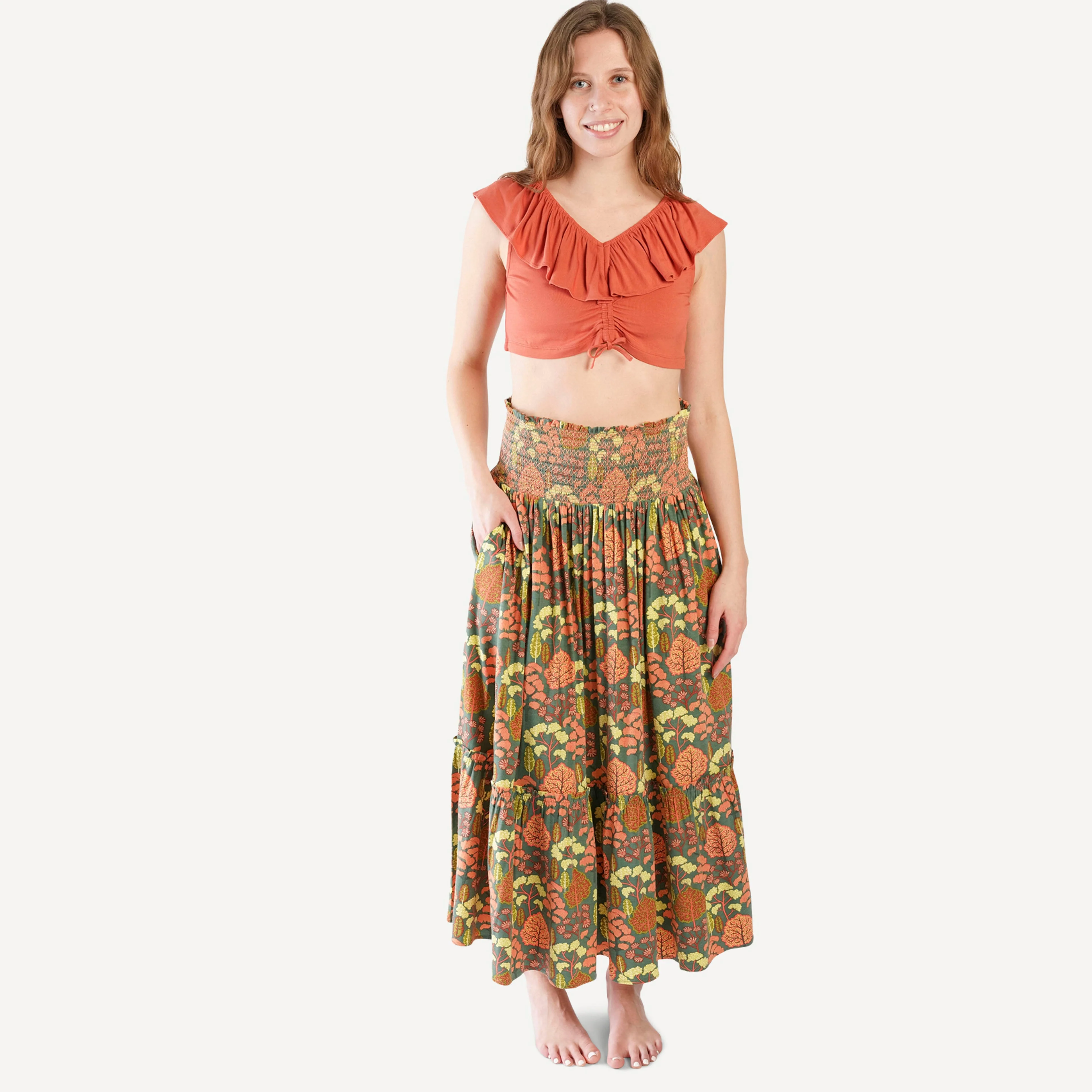 womens v-neck ruffle crop top | rhubarb | bamboo - Image 3