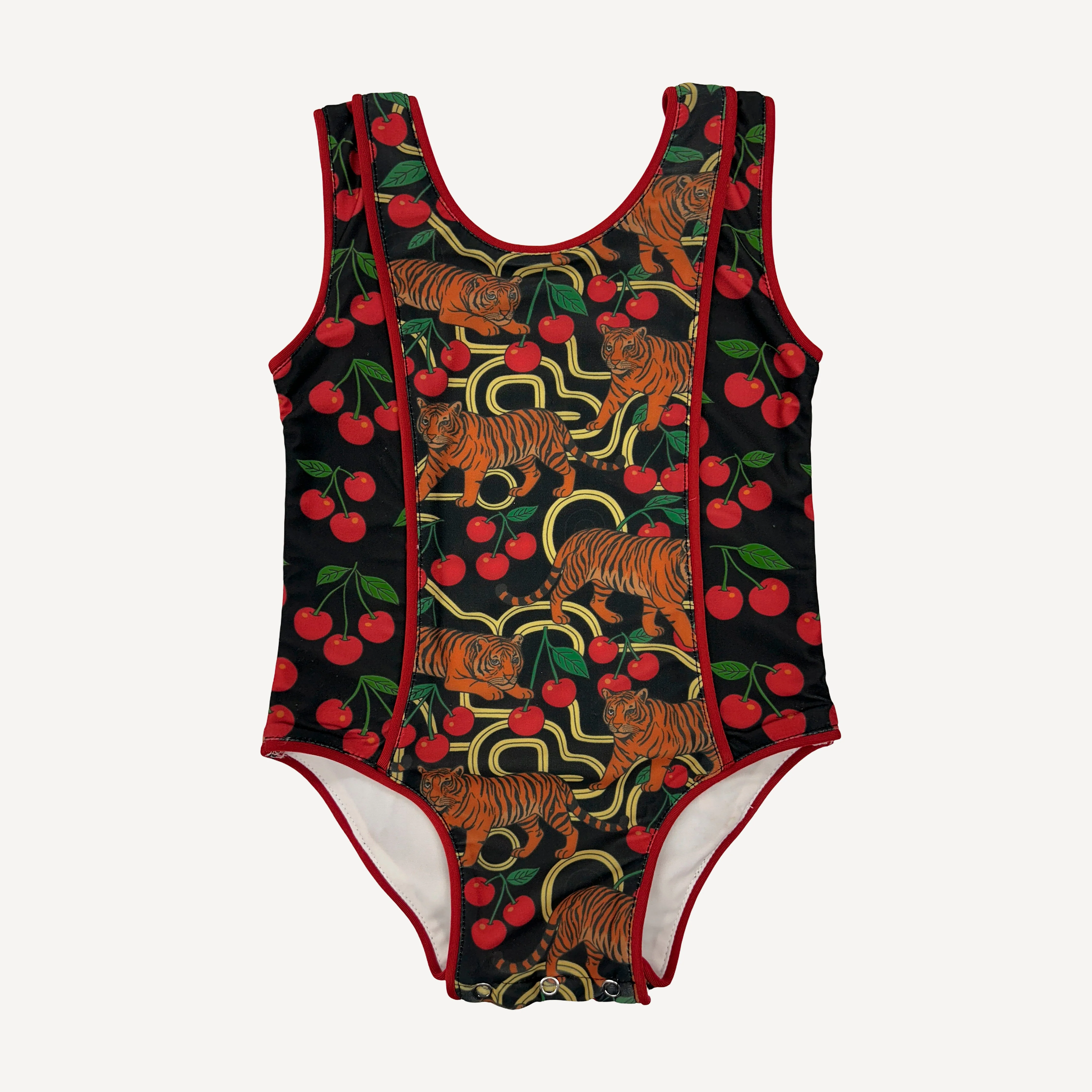 retro piped suit | tiger + cherries | swim