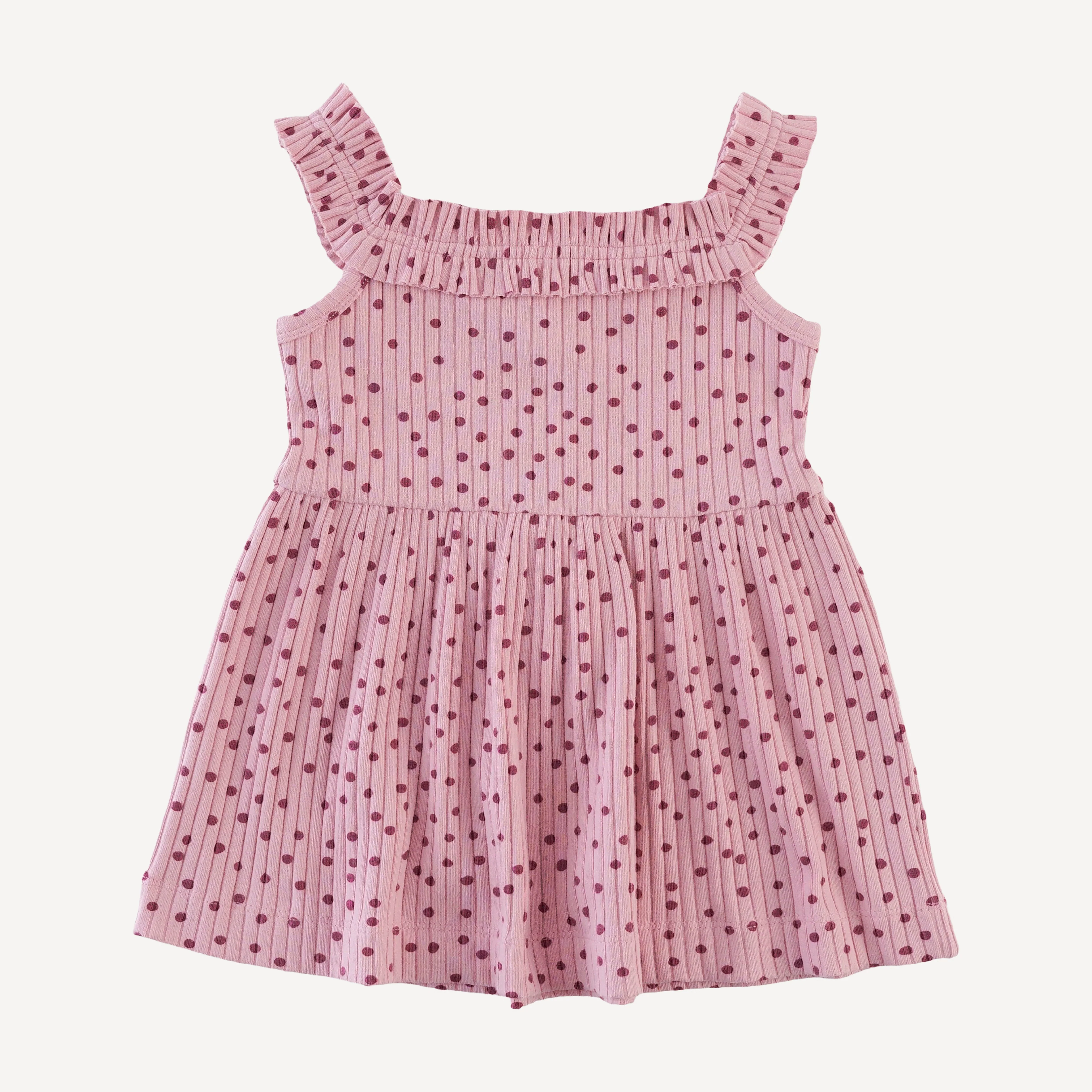 ruffle square neck dress | mauve dot | organic cotton wide rib