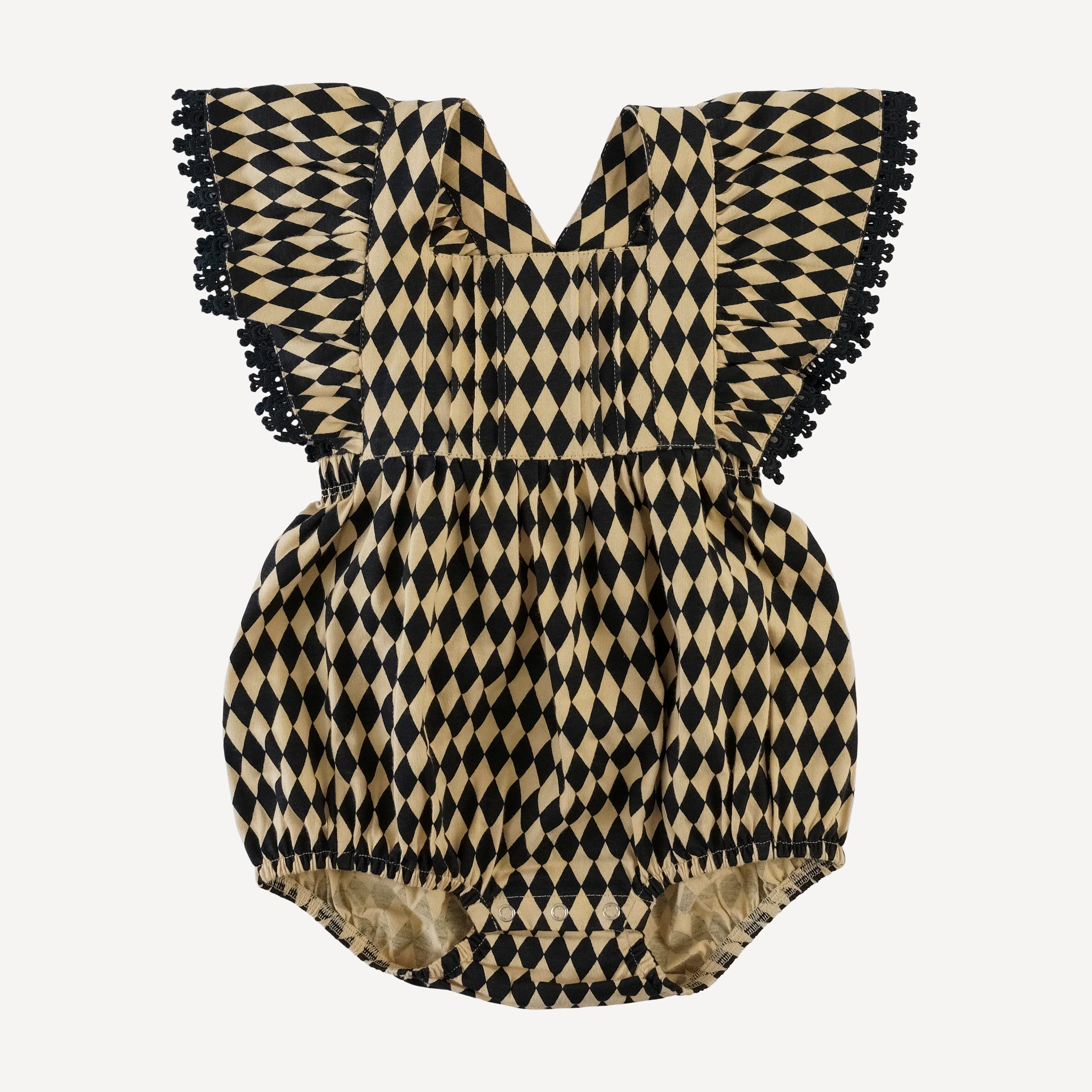 ruffle strap pintuck laced bubble | black harlequin | organic cotton jersey