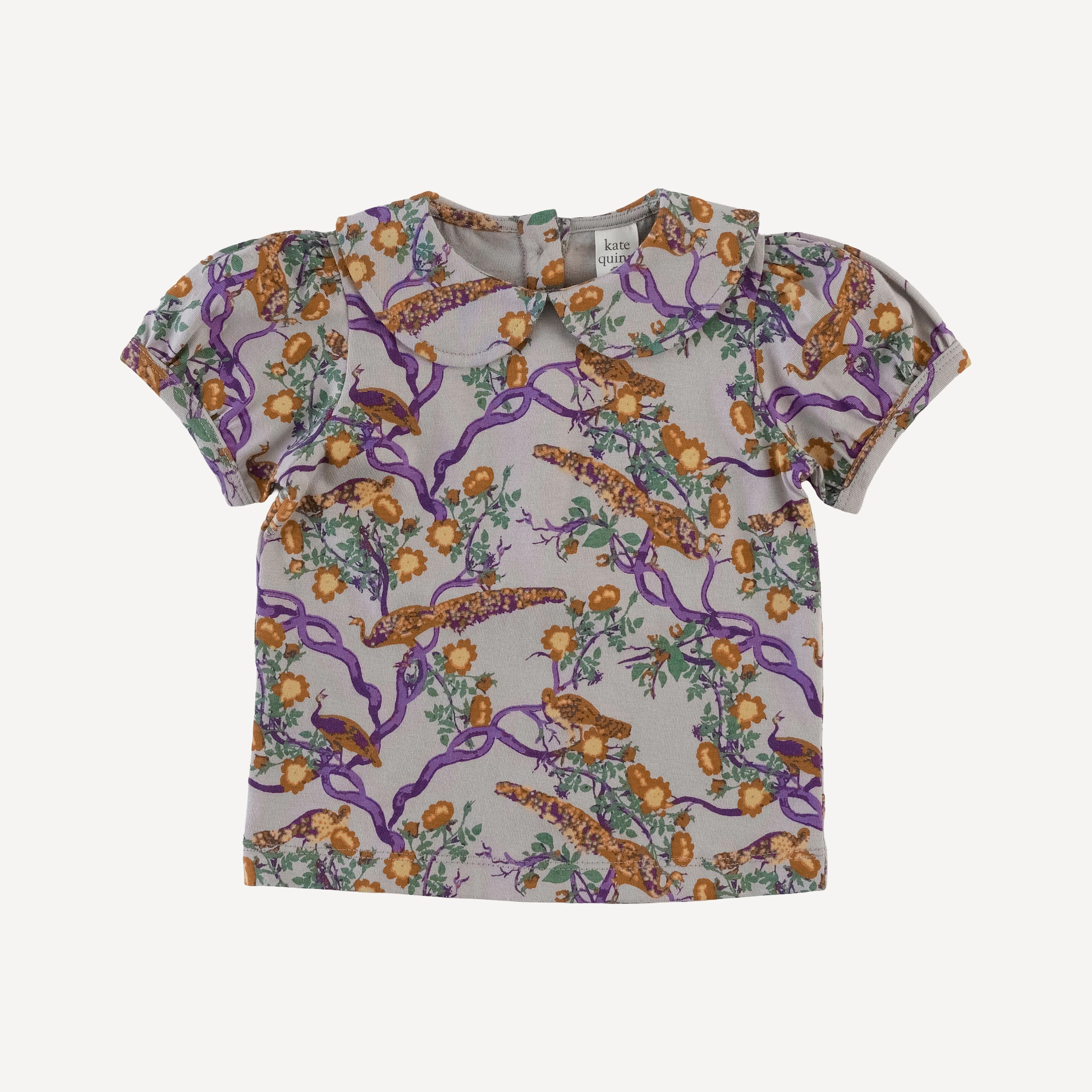 short puff sleeve peter pan tee | chinoiserie peacock | organic cotton jersey