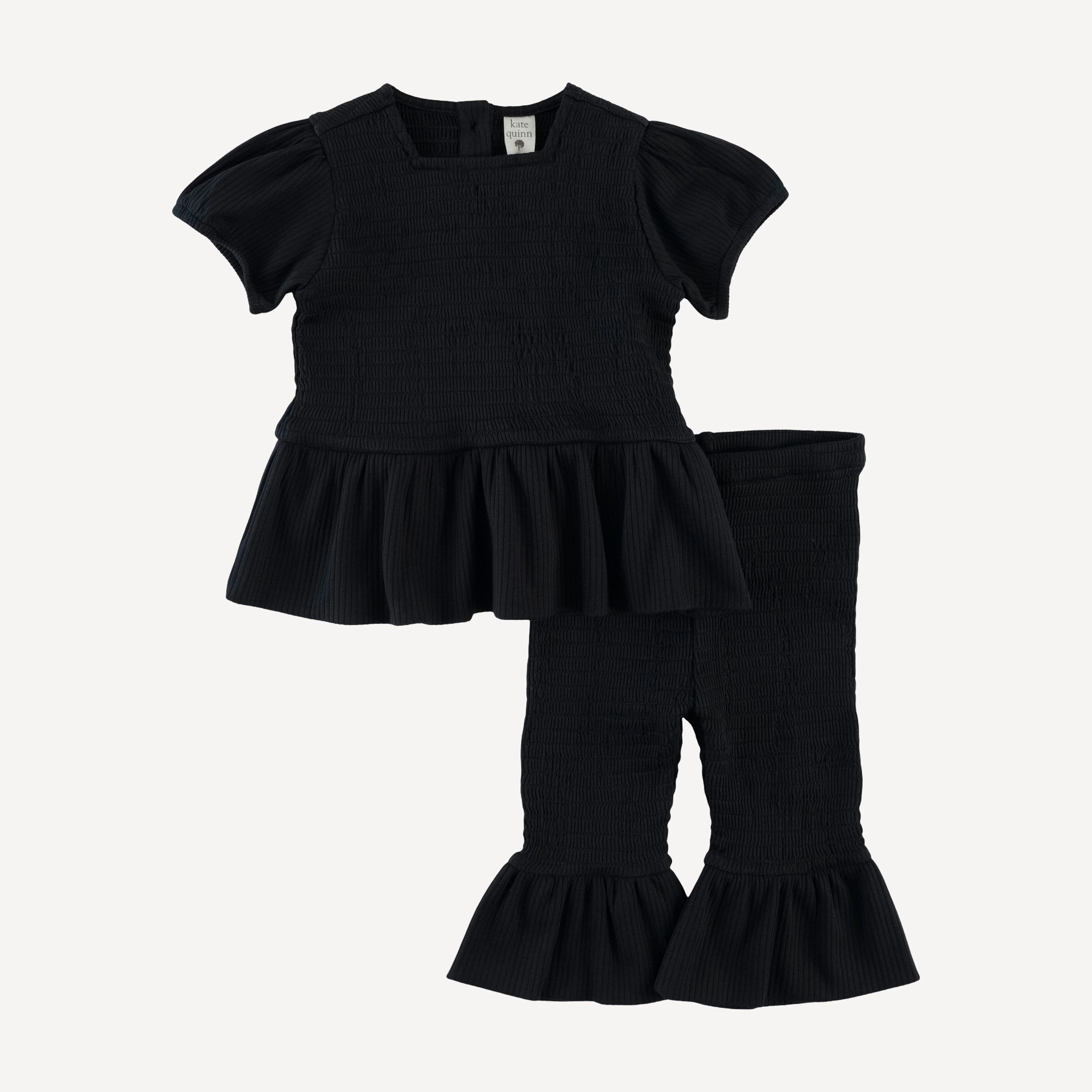 short puff sleeve smocked ruffle top + pant set | black | organic cotton single rib