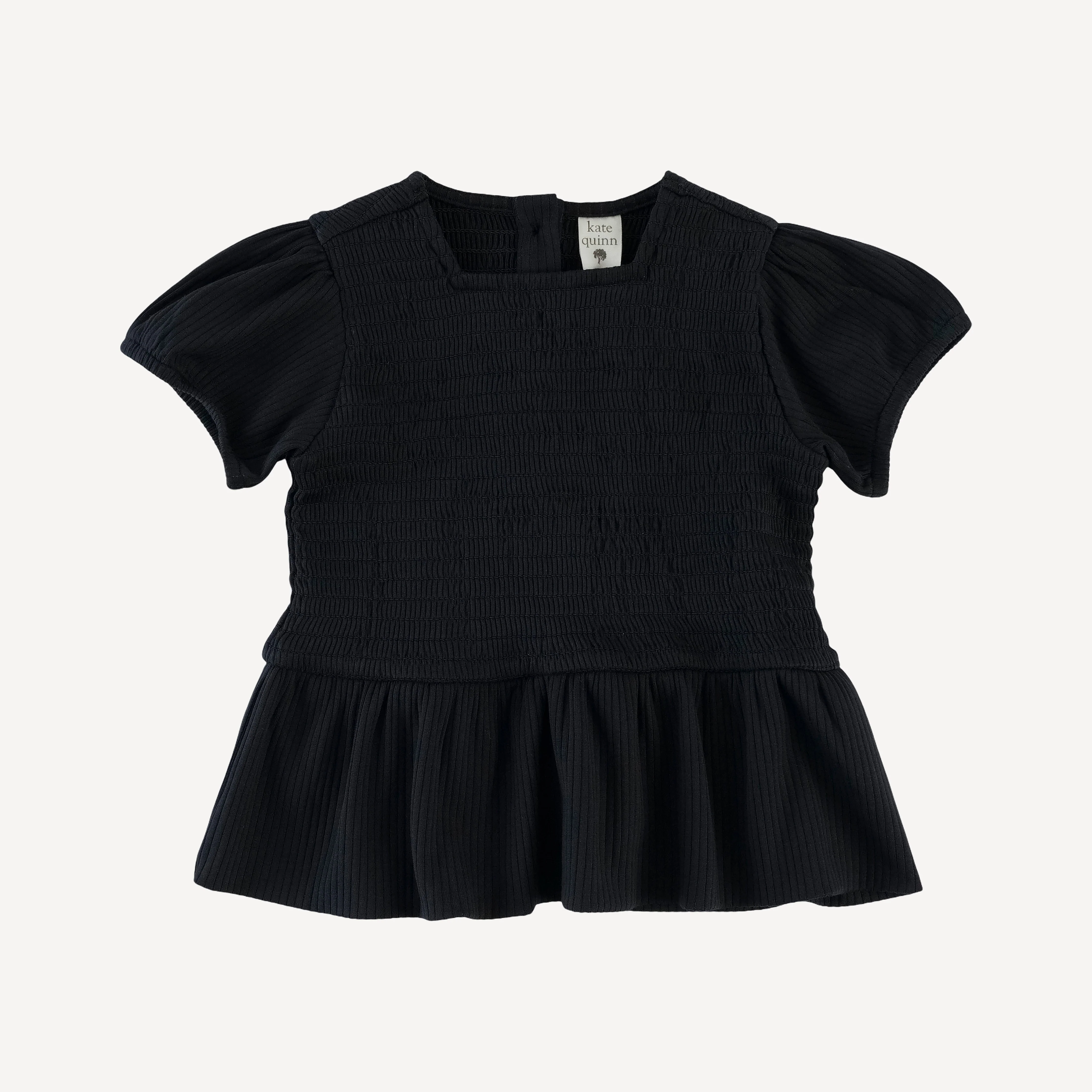 short puff sleeve smocked ruffle top + pant set | black | organic cotton single rib - Image 3