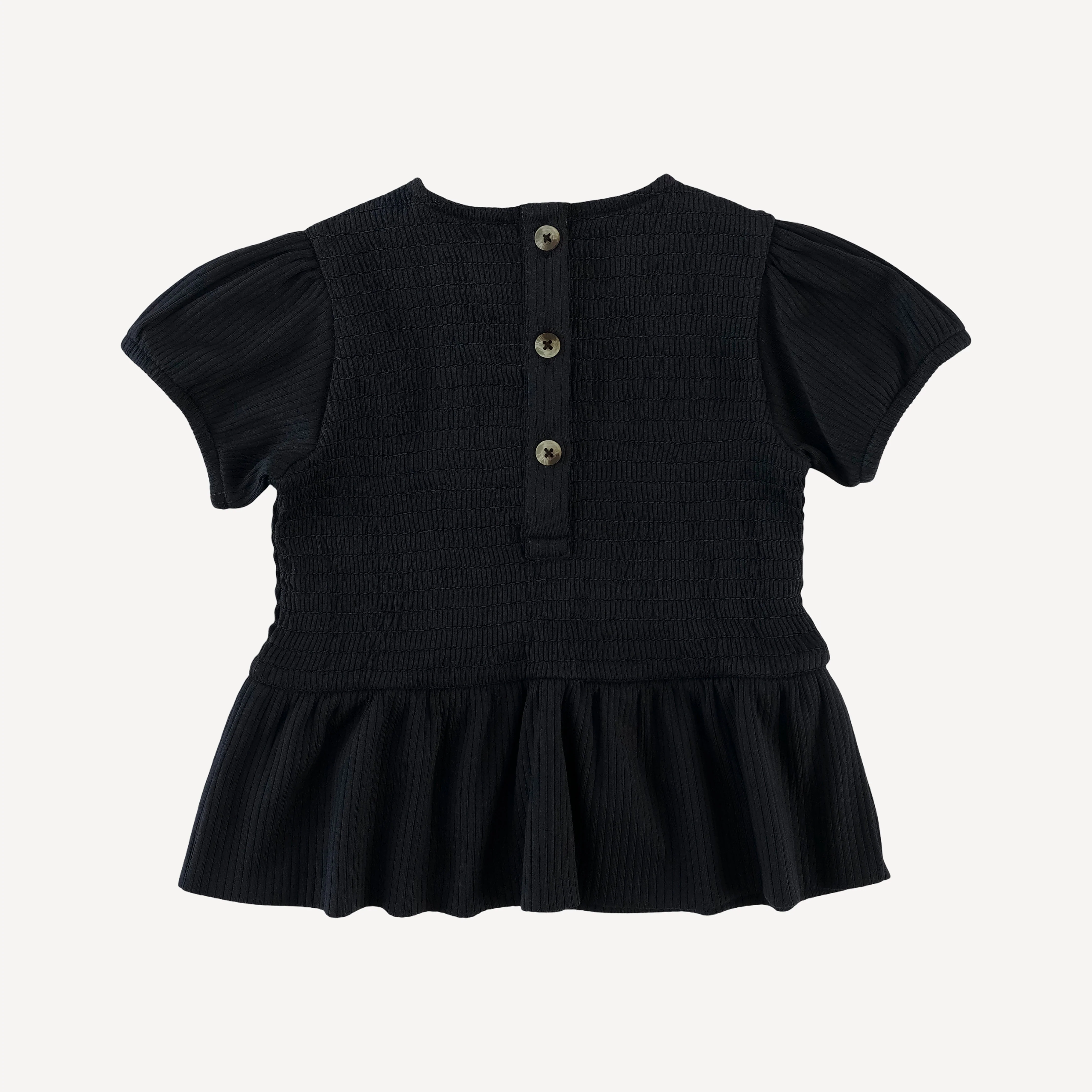 short puff sleeve smocked ruffle top + pant set | black | organic cotton single rib - Image 4