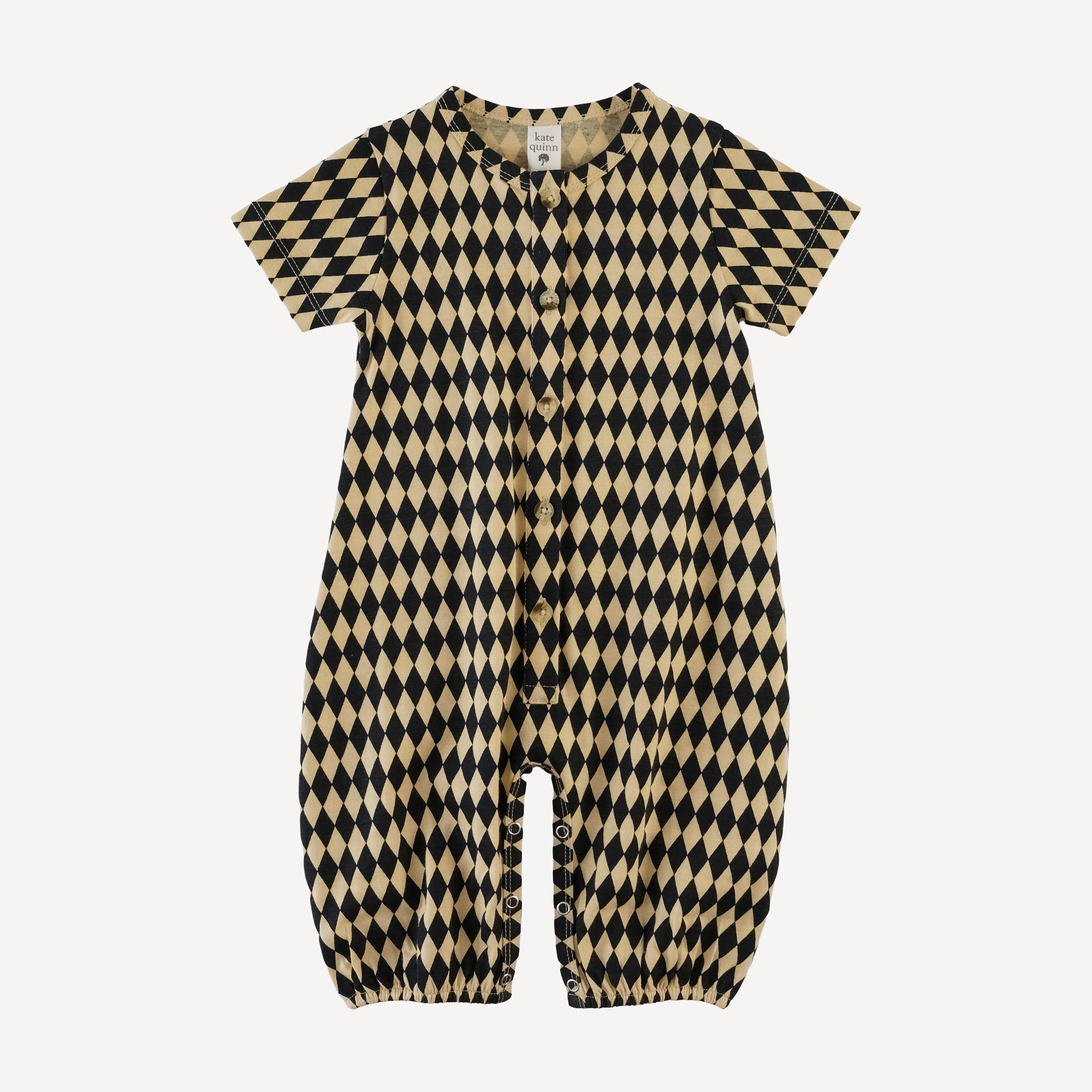 short sleeve button bubble jumpsuit | black harlequin | organic cotton jersey
