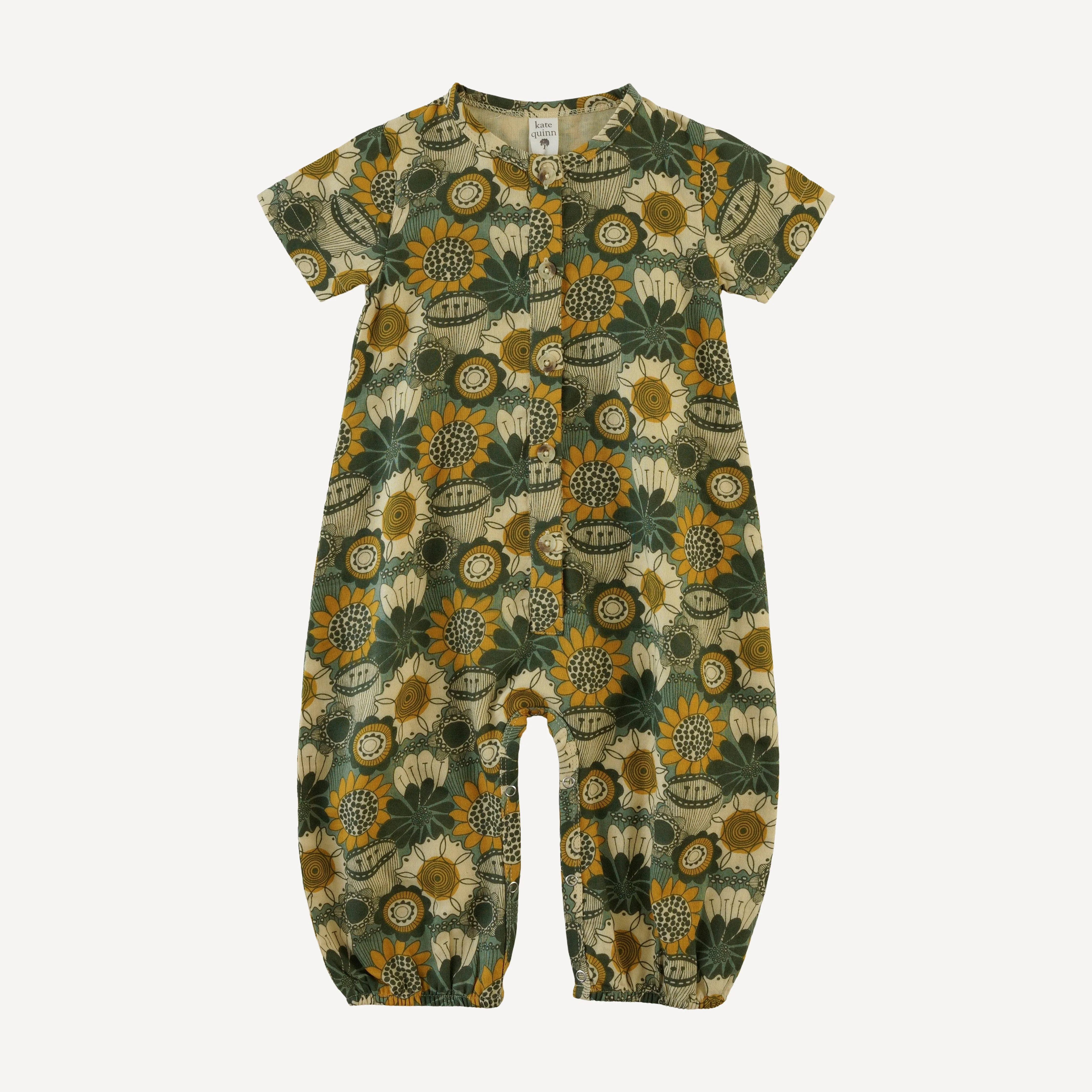 short sleeve button bubble jumpsuit | honey mustard flower doodles | organic cotton gauze