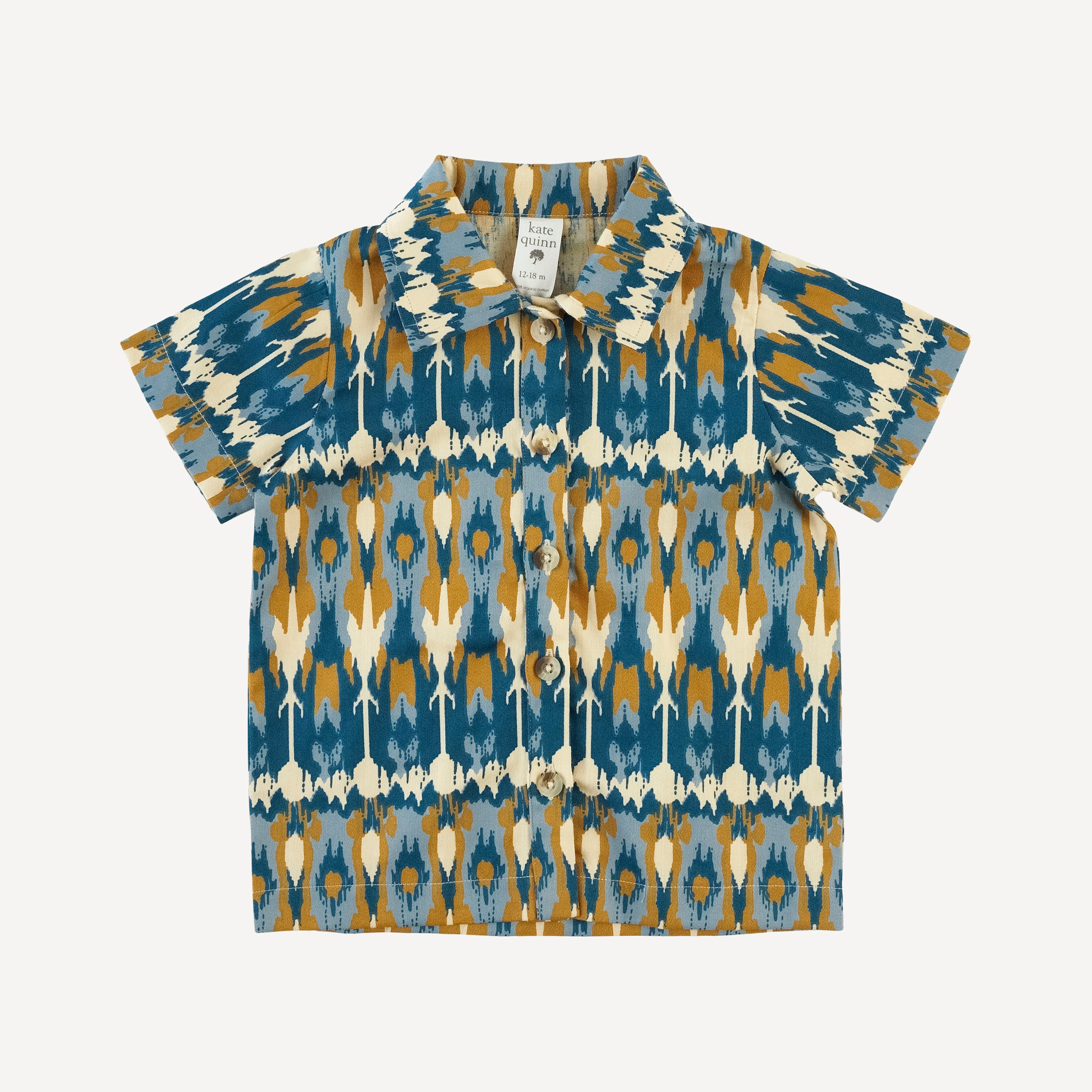 short sleeve button down shirt | blue ikat | organic cotton sateen woven