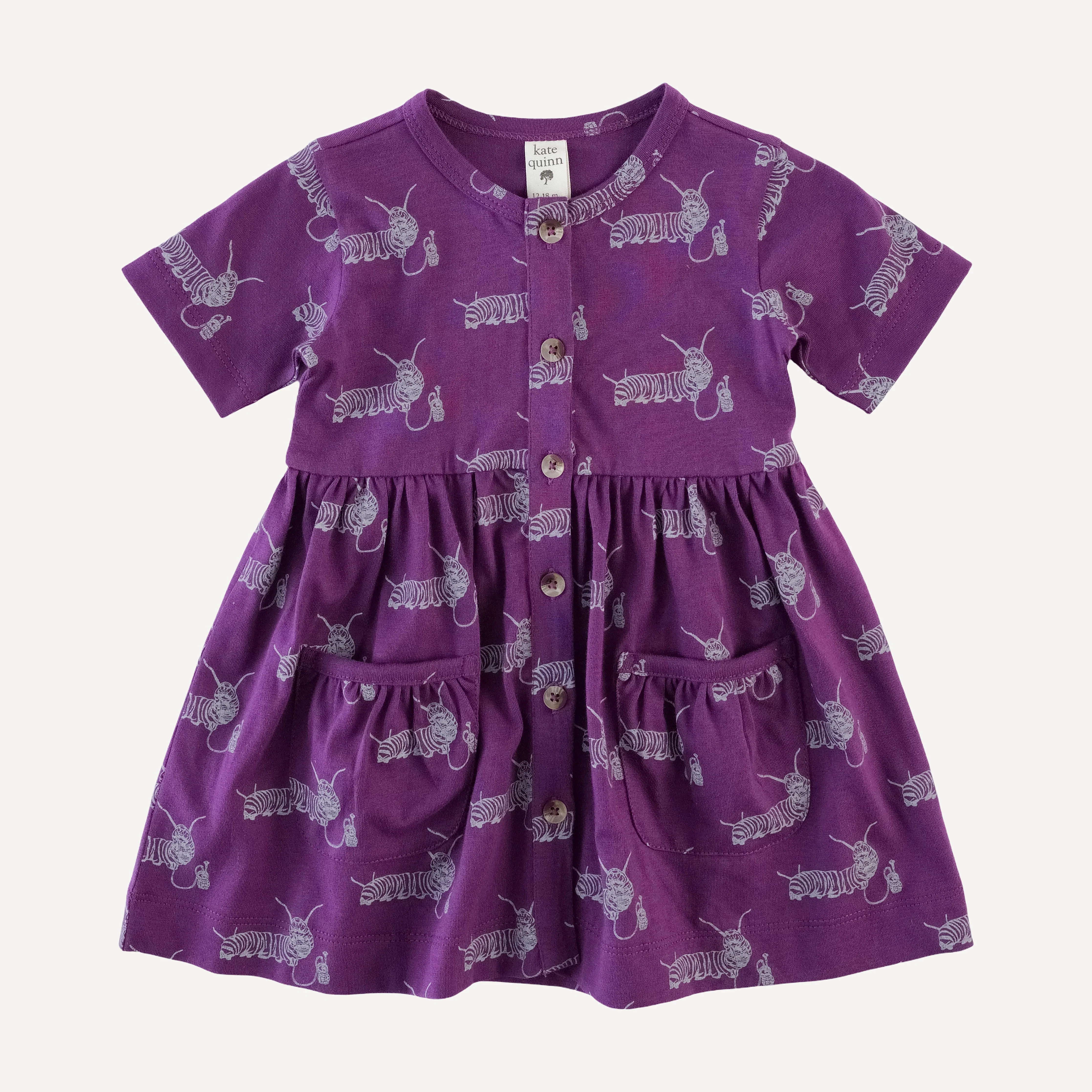 short sleeve button front pocket dress | plum caterpillar | organic cotton jersey