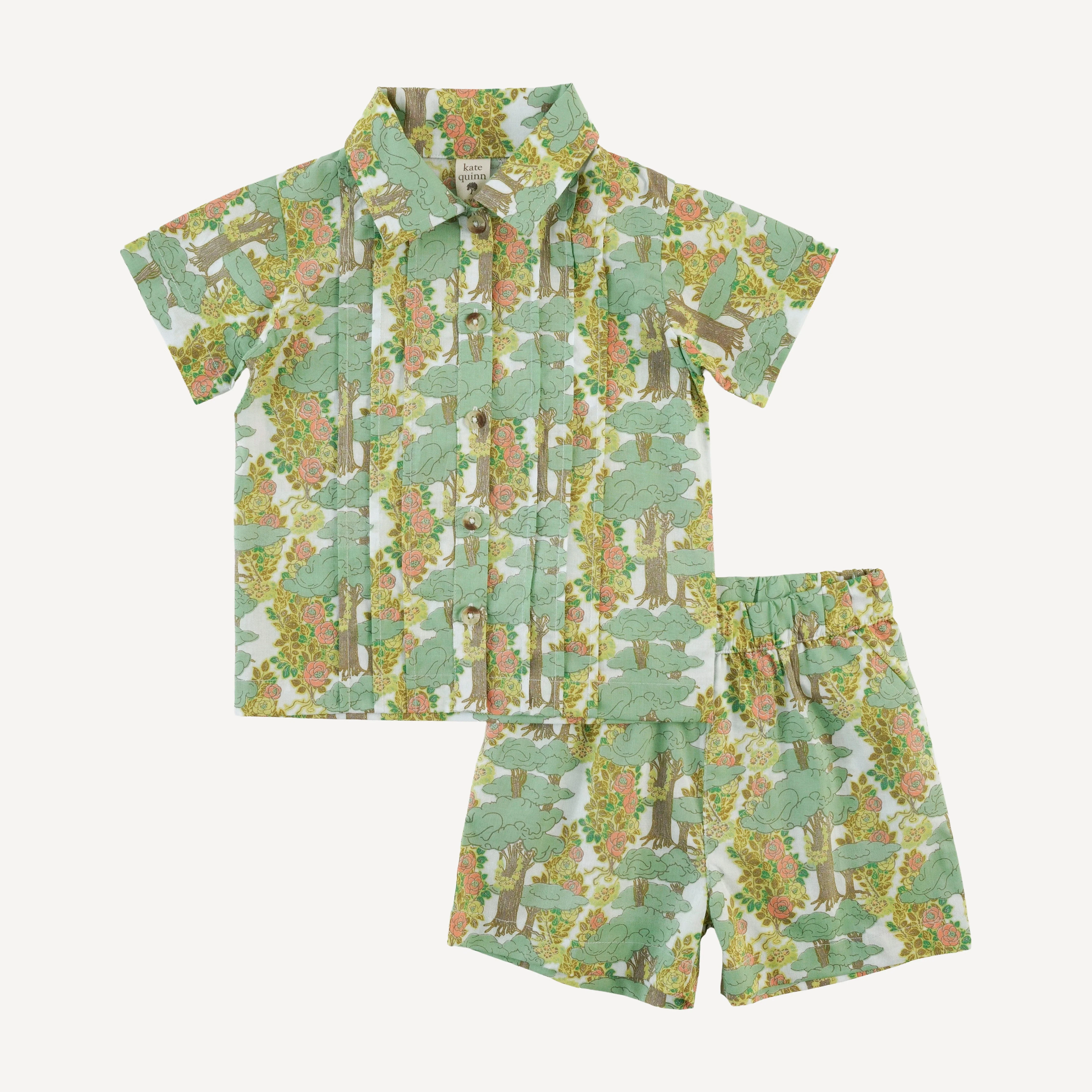 short sleeve button pintuck shirt + relaxed short set | goldilocks morning woods | organic cotton woven