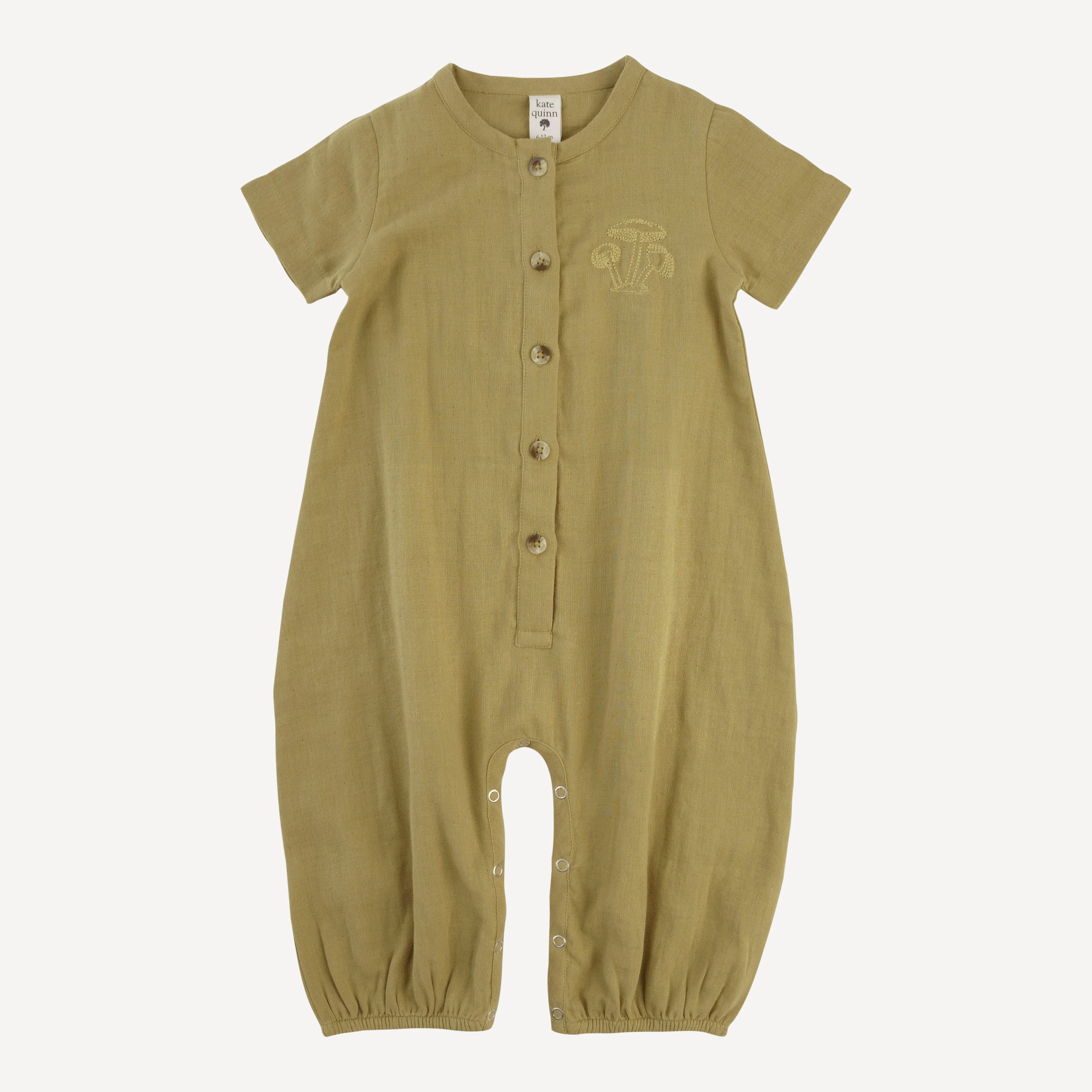 short sleeve embroidered button bubble jumpsuit | deep flaxen | organic cotton gauze