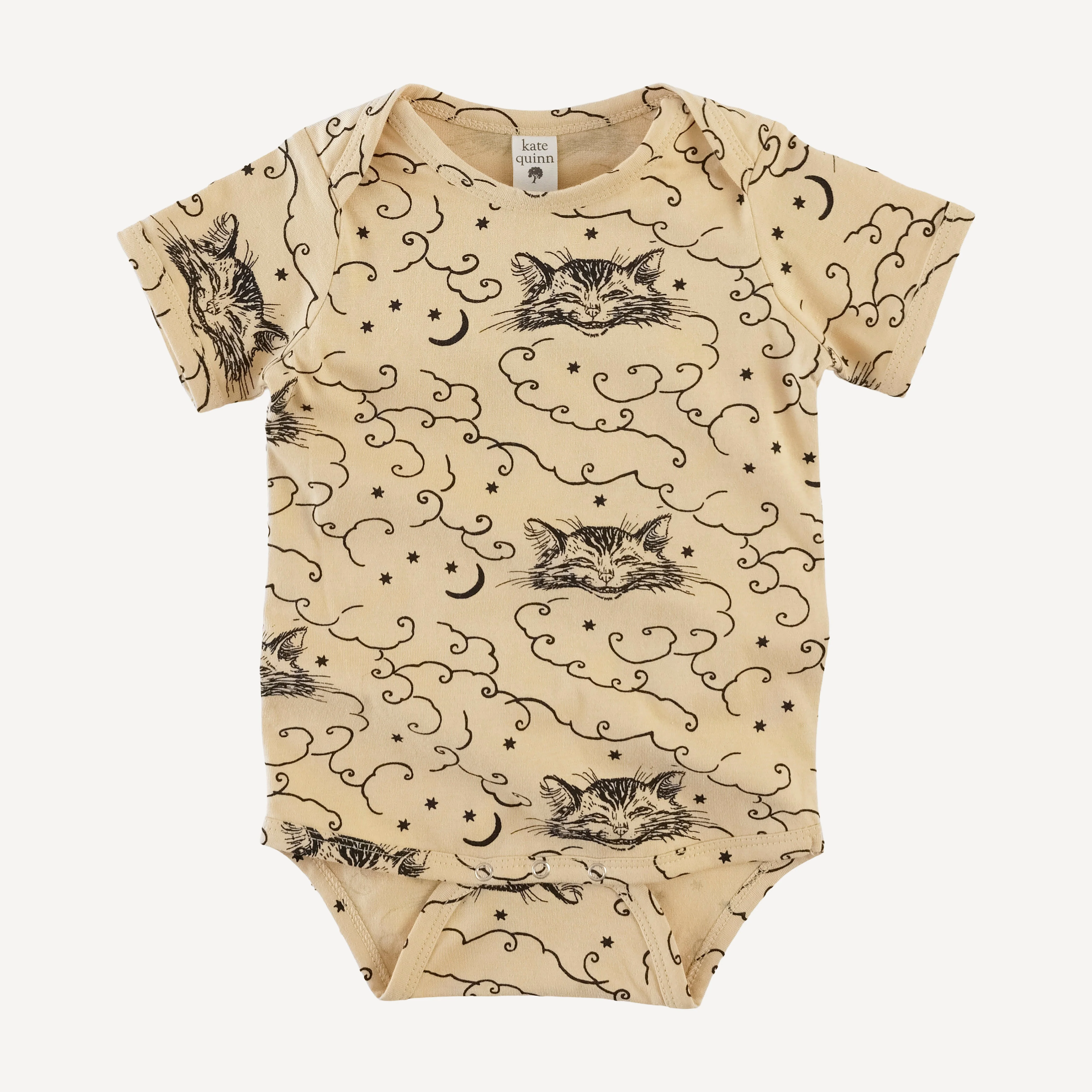 short sleeve lap neck bodysuit | black cheshire cat | organic cotton jersey