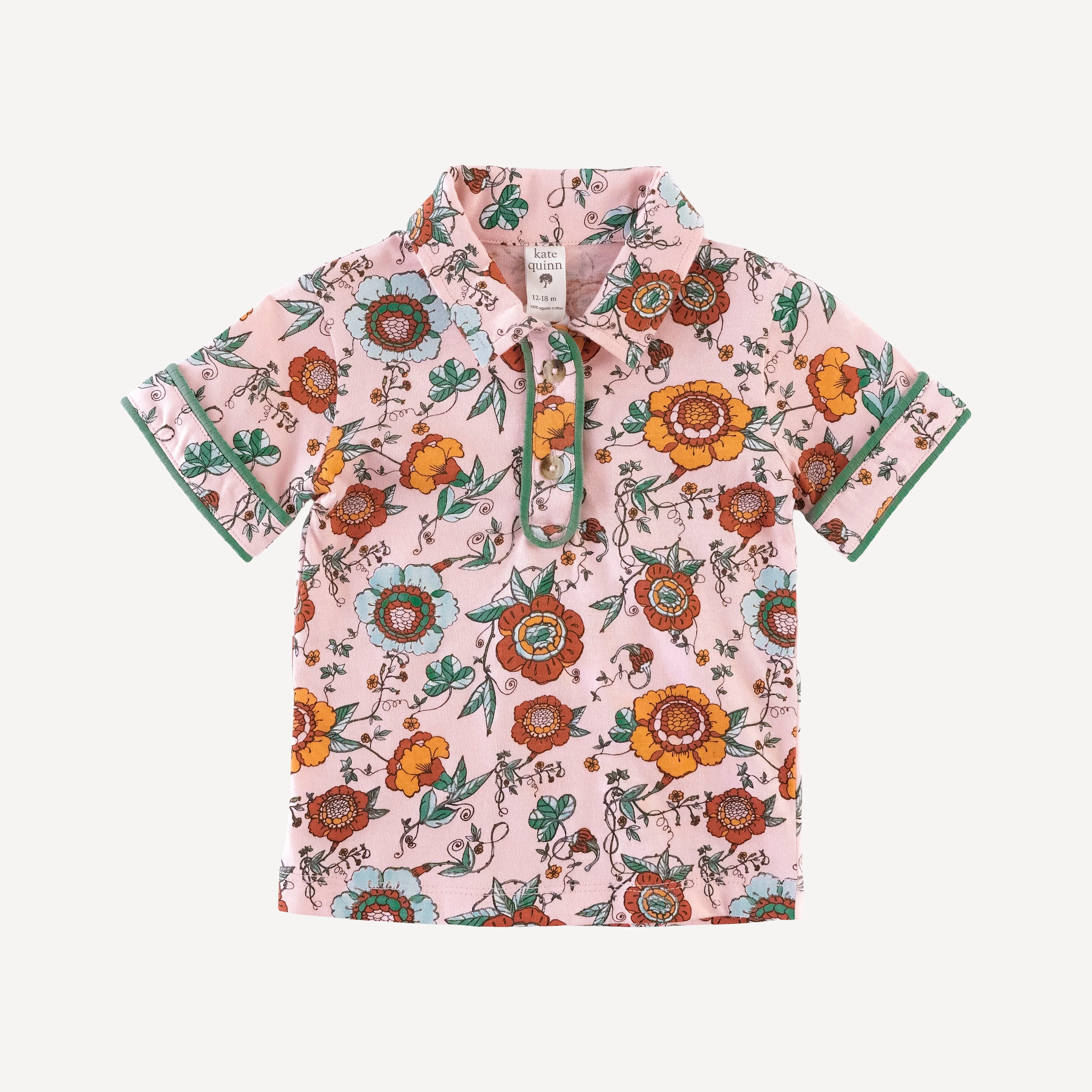 short sleeve piped polo tee | chinoiserie floral | organic cotton jersey