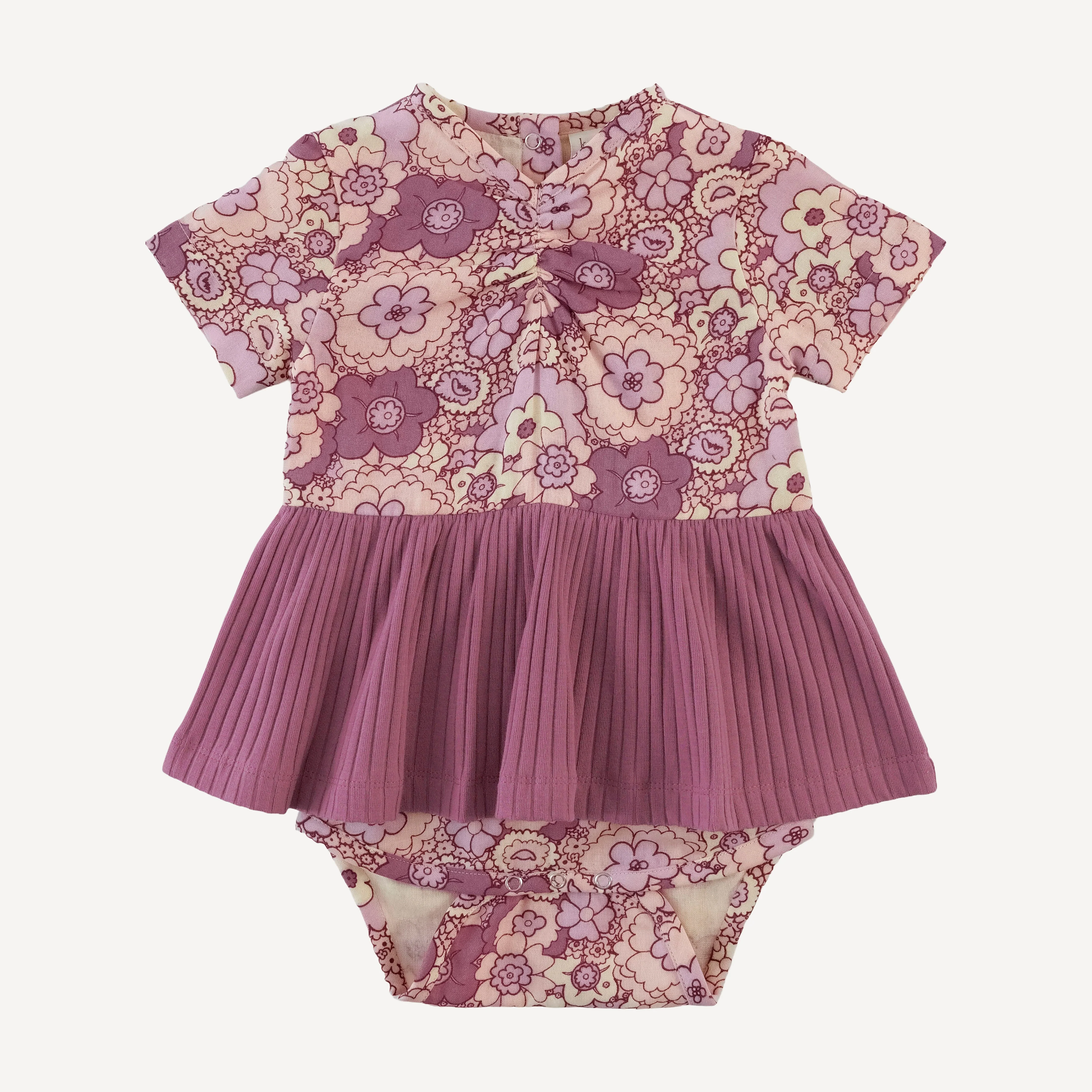 short sleeve ruched skirted bodysuit | mauve 60s floral | organic cotton gauze