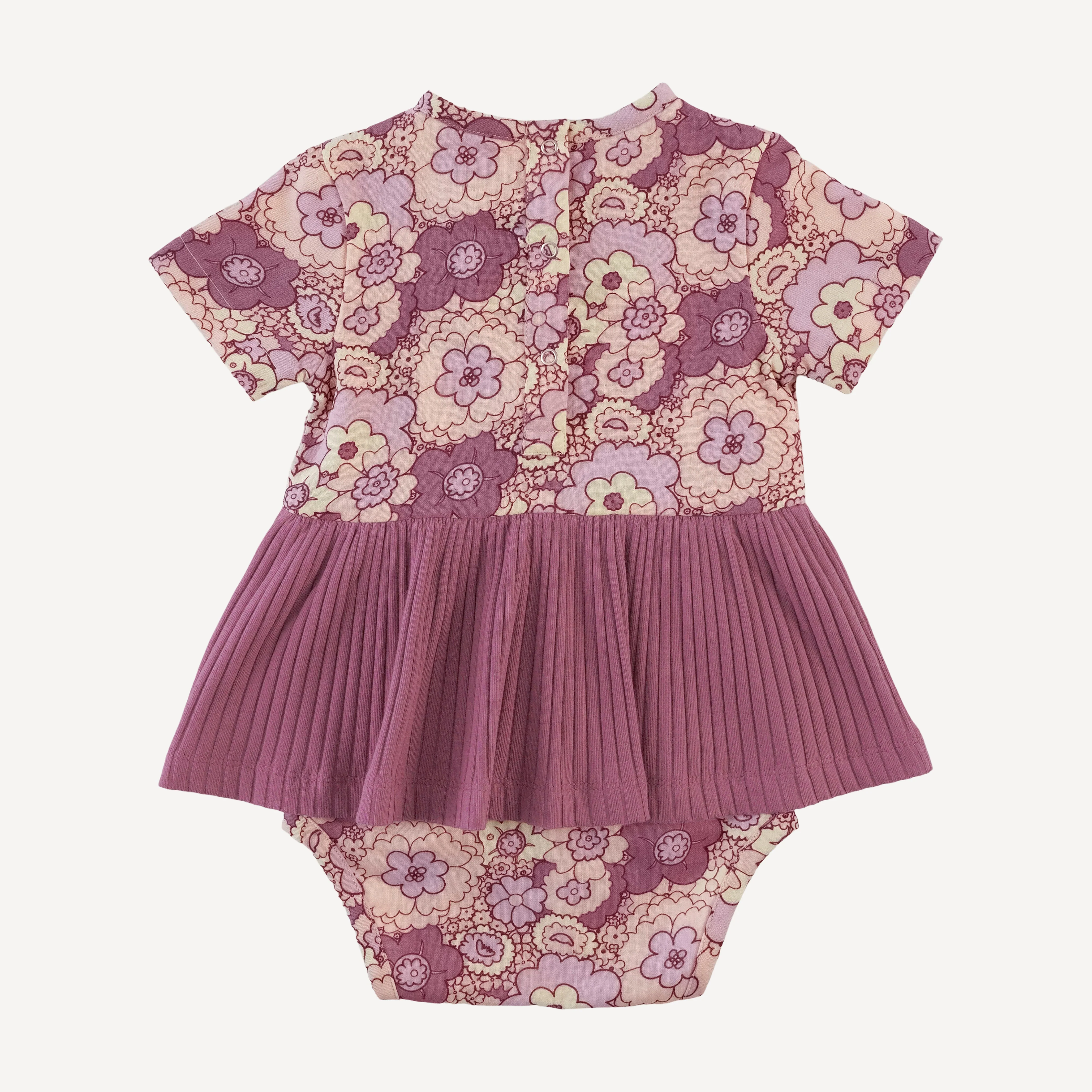 short sleeve ruched skirted bodysuit | mauve 60s floral | organic cotton gauze - Image 3