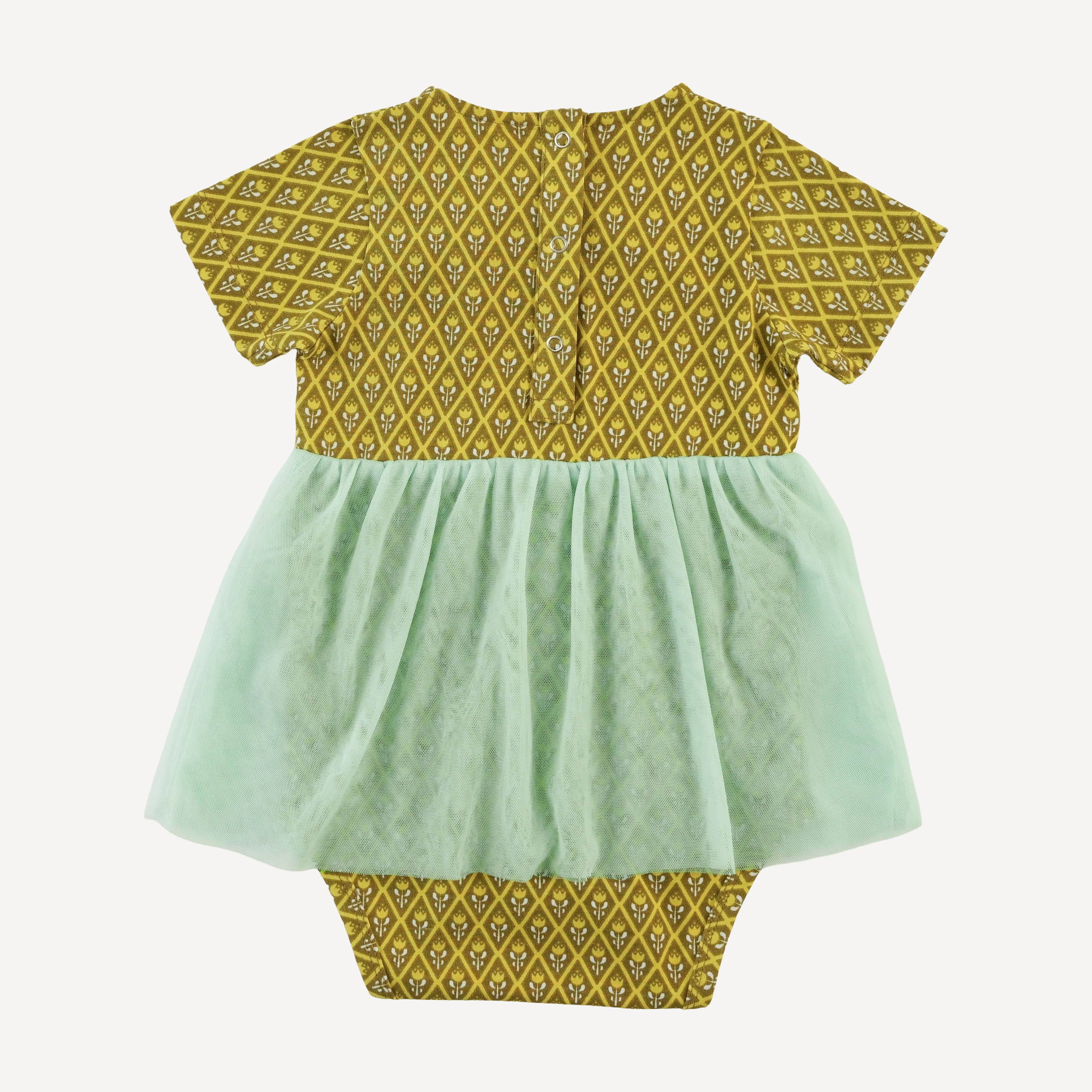 short sleeve ruched tulle skirted bodysuit | retro diamond floral | organic cotton jersey - Image 3