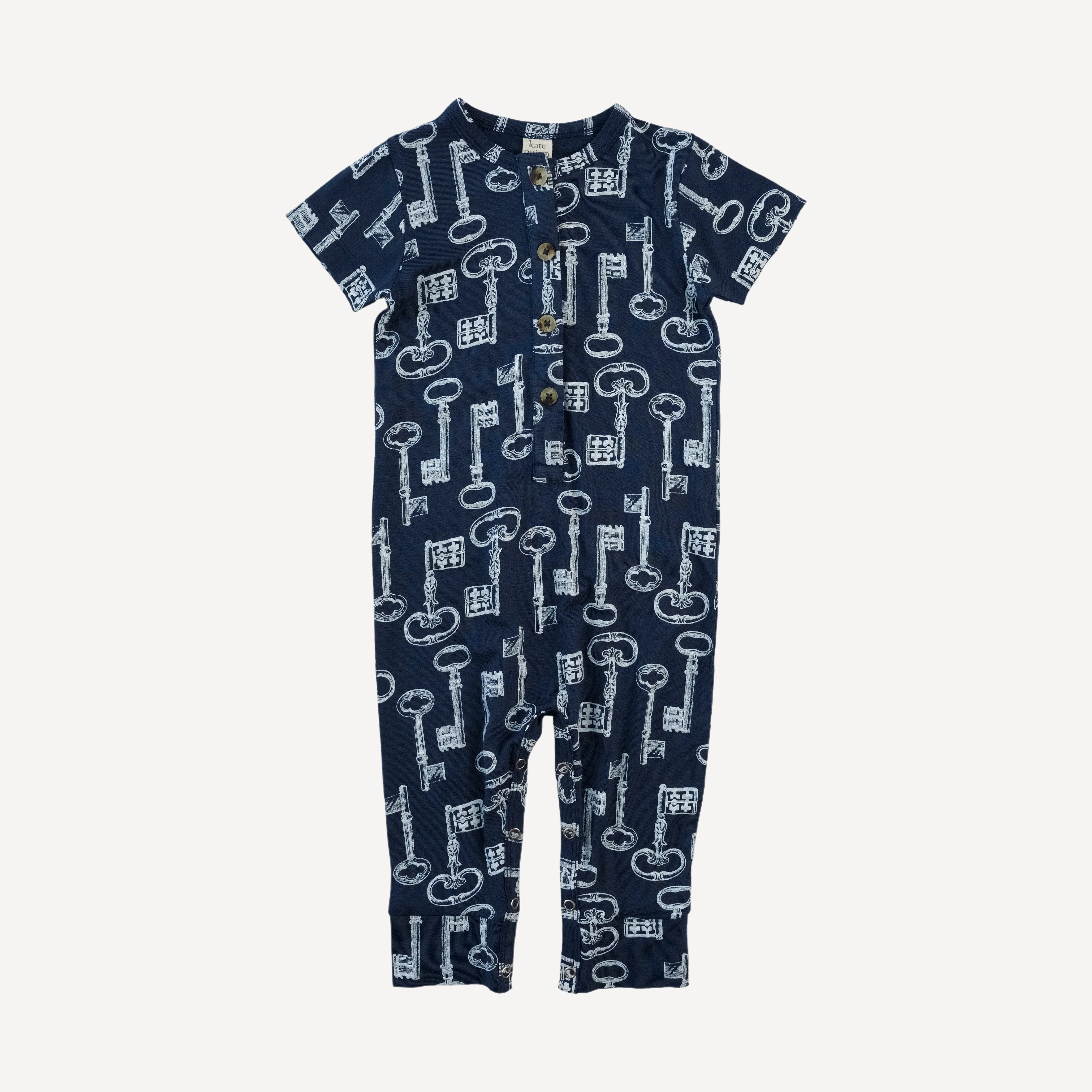 short sleeve sport union suit | blue vintage keys | bamboo