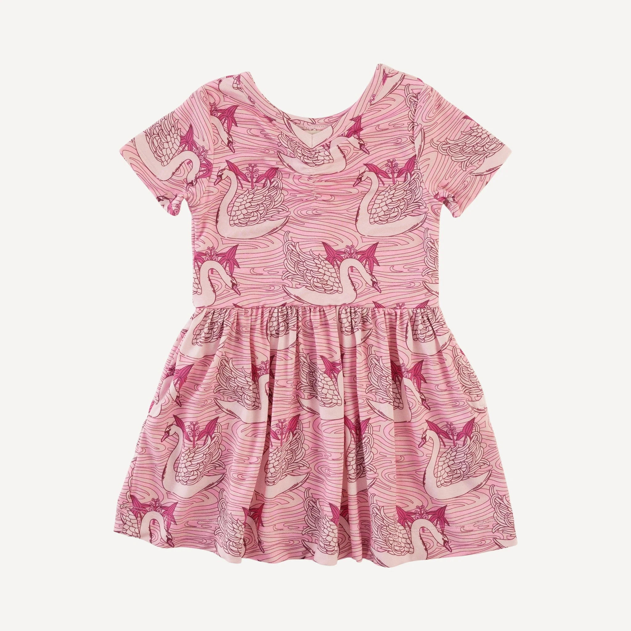 short sleeve twirl dress | pink nouveau swans | light weight bamboo
