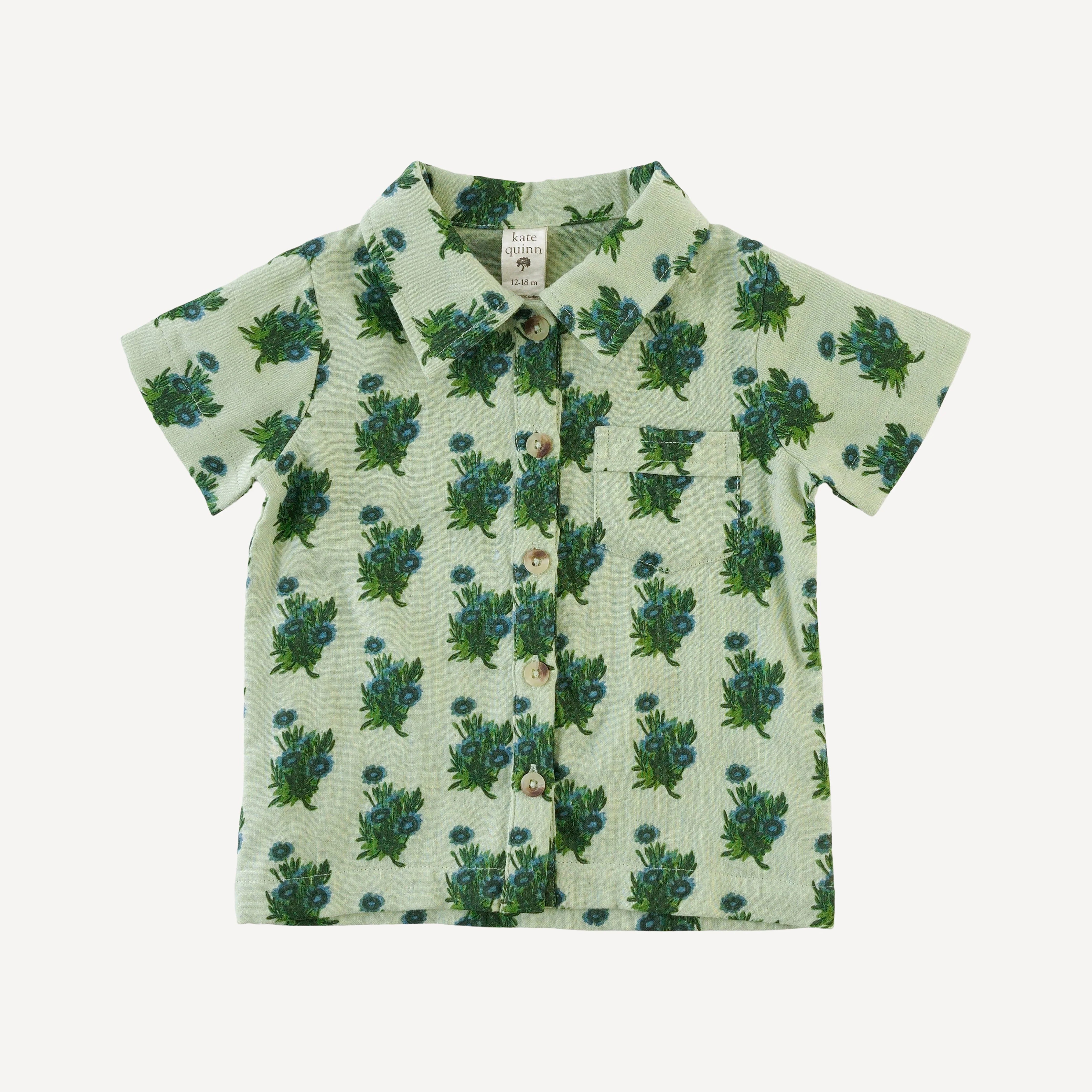 short sleeve vintage collar button shirt | blue tiny calendula | organic cotton gauze