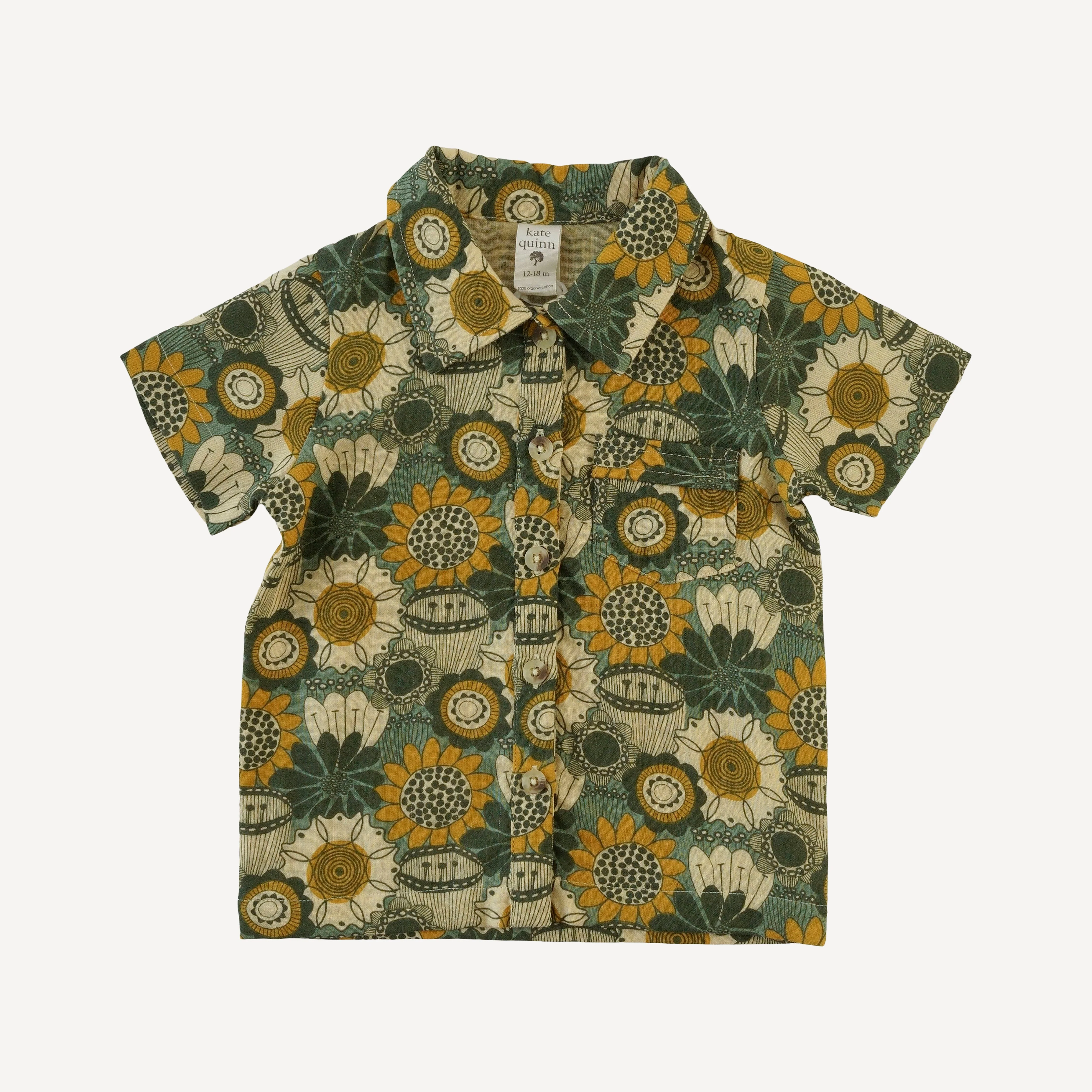 short sleeve vintage collar button shirt | honey mustard flower doodles | organic cotton gauze