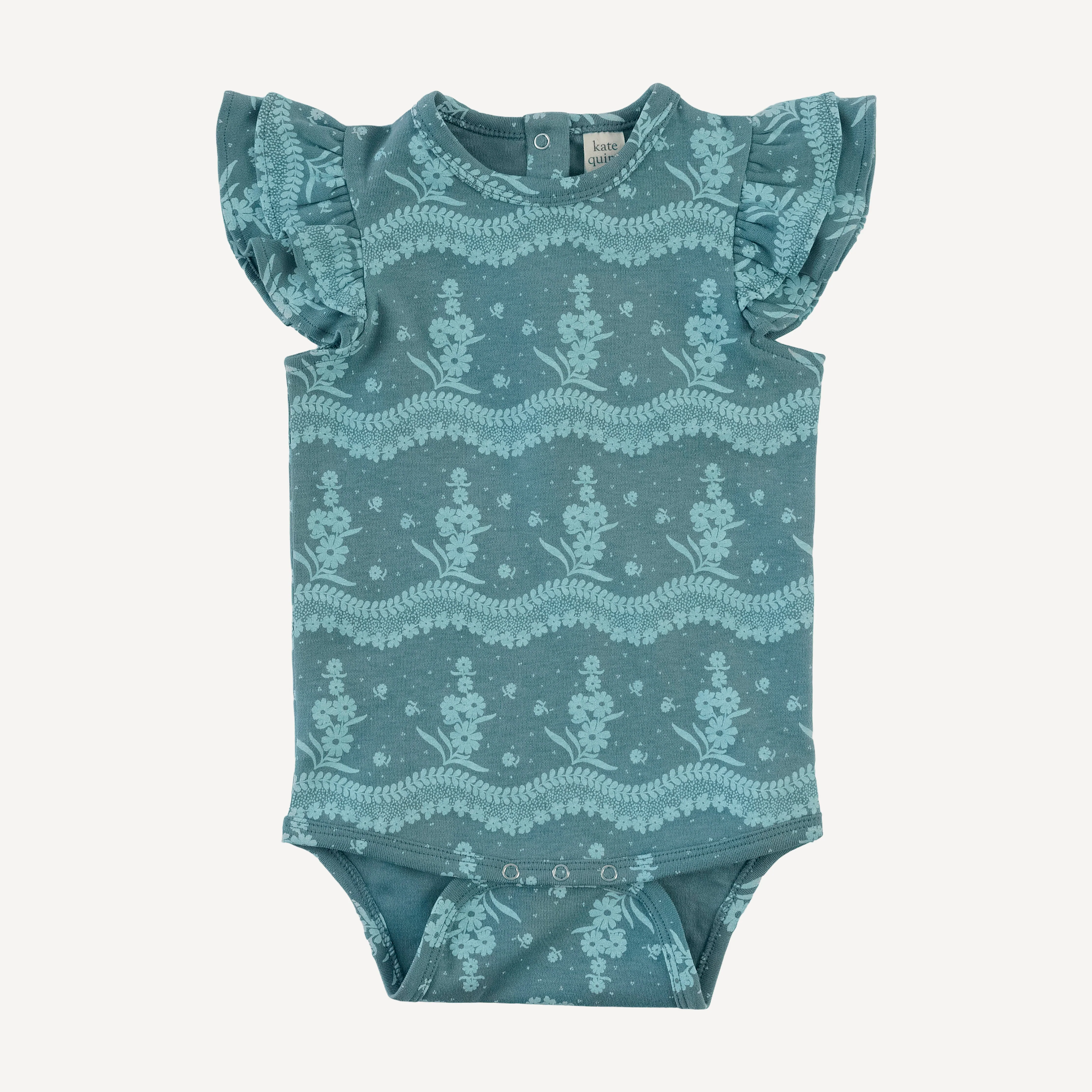 sleeveless double shoulder ruffle bodysuit | blue floral lace | organic cotton interlock