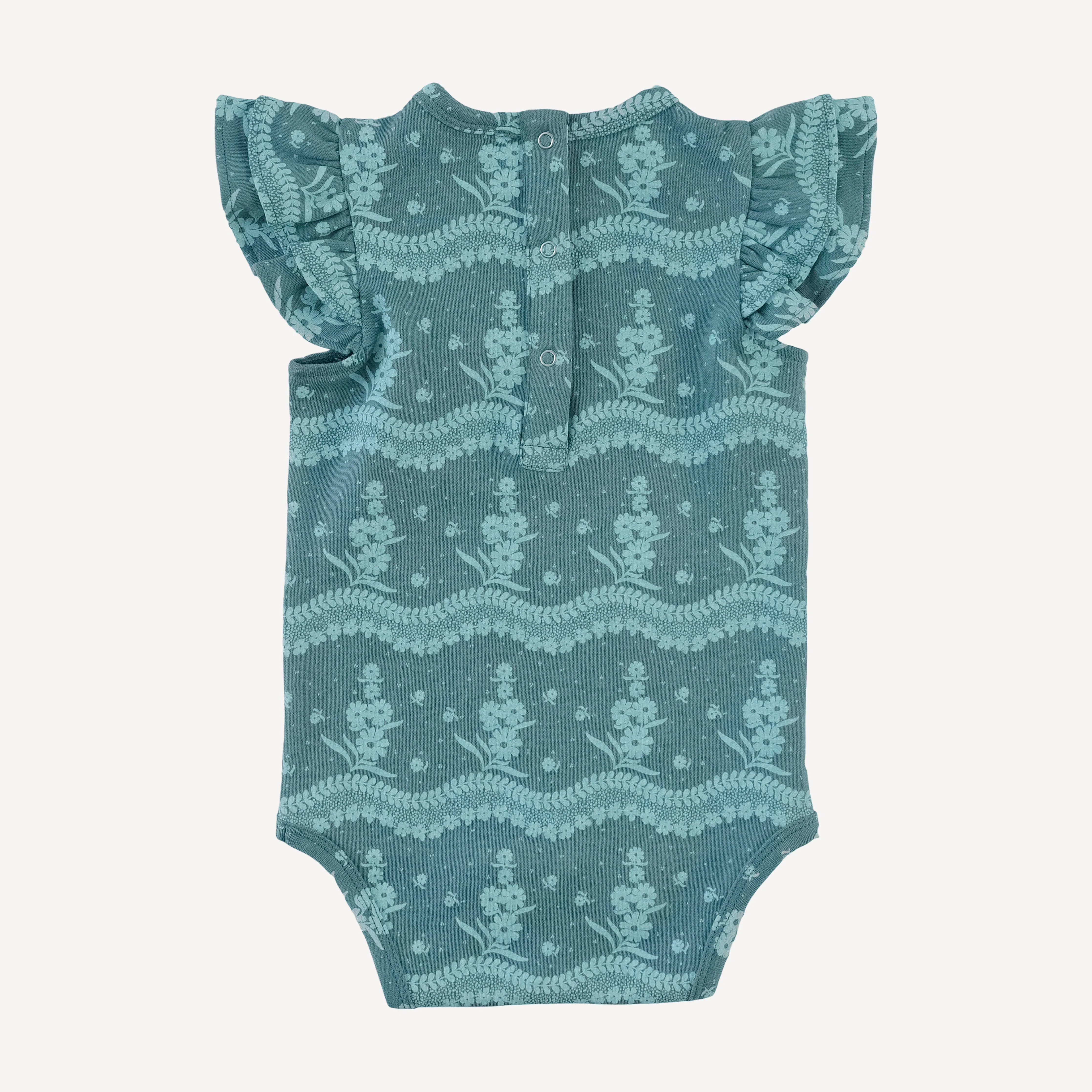 sleeveless double shoulder ruffle bodysuit | blue floral lace | organic cotton interlock - Image 3