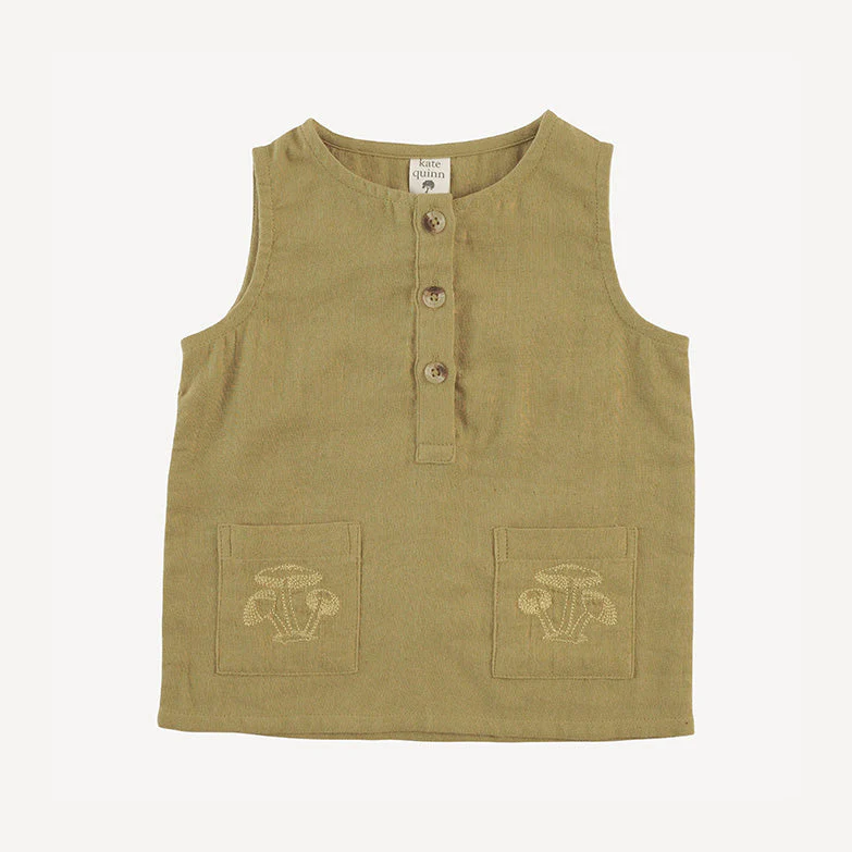 sleeveless embroidered pocket tee | deep flaxen | organic cotton gauze