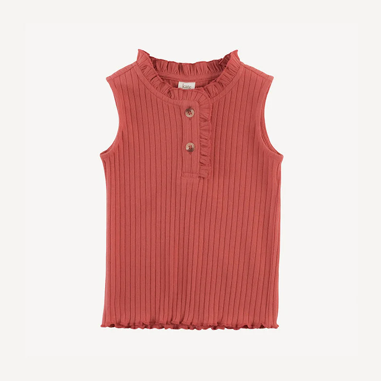 sleeveless ruffle bib henley top | earthen red | organic cotton wide rib