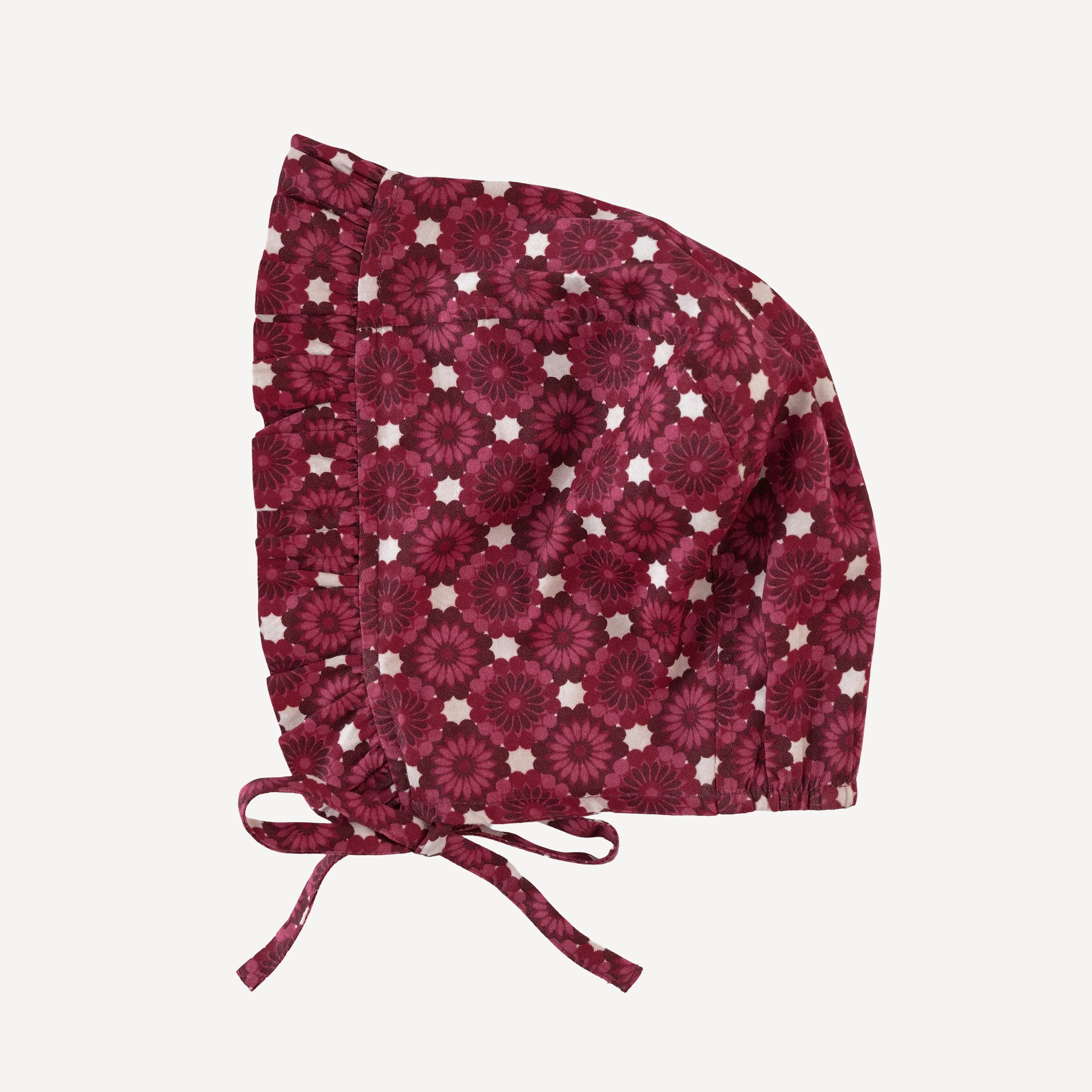 small ruffle bonnet | red geo floral | organic cotton sateen woven