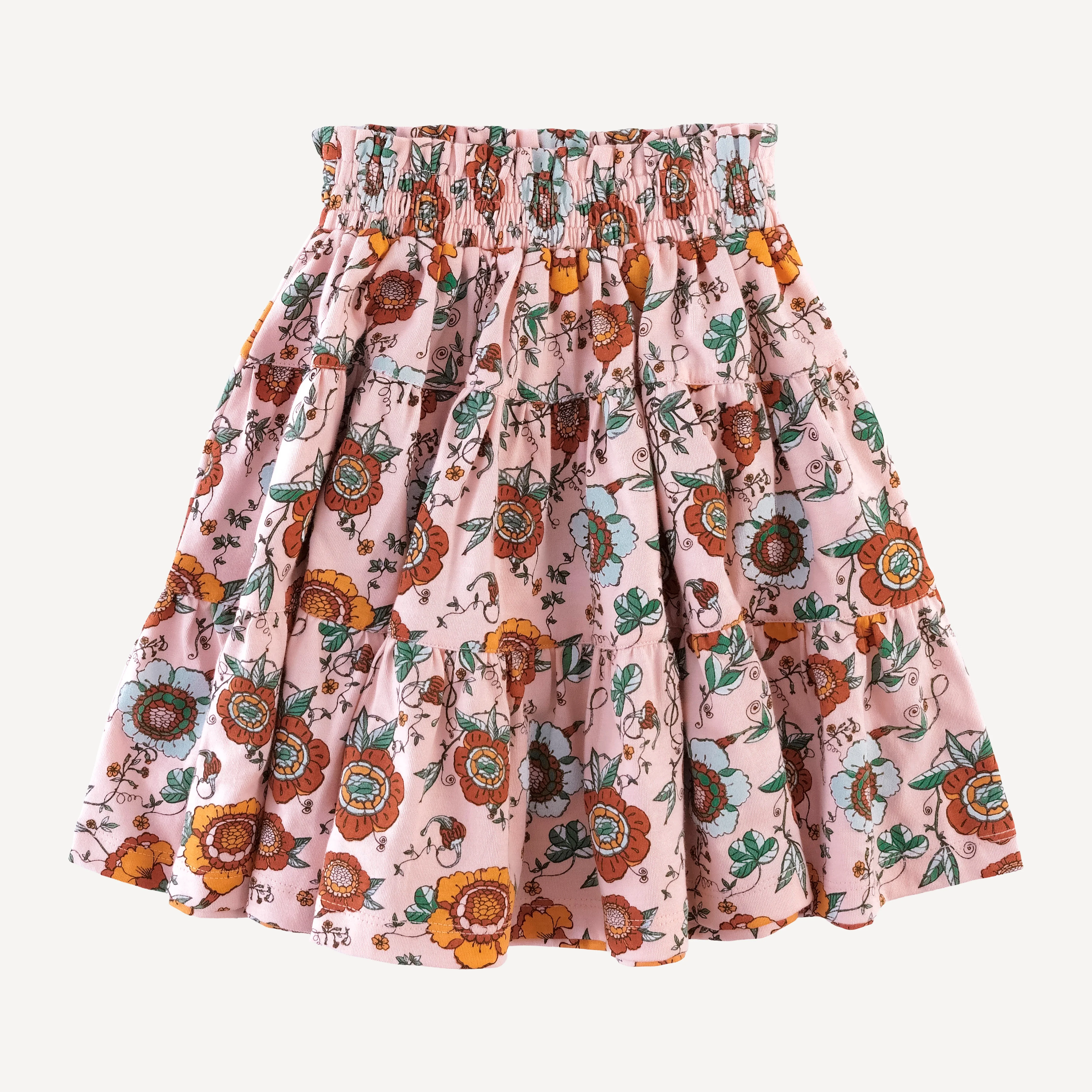 smocked gathered tiered skirt | chinoiserie floral | organic cotton jersey