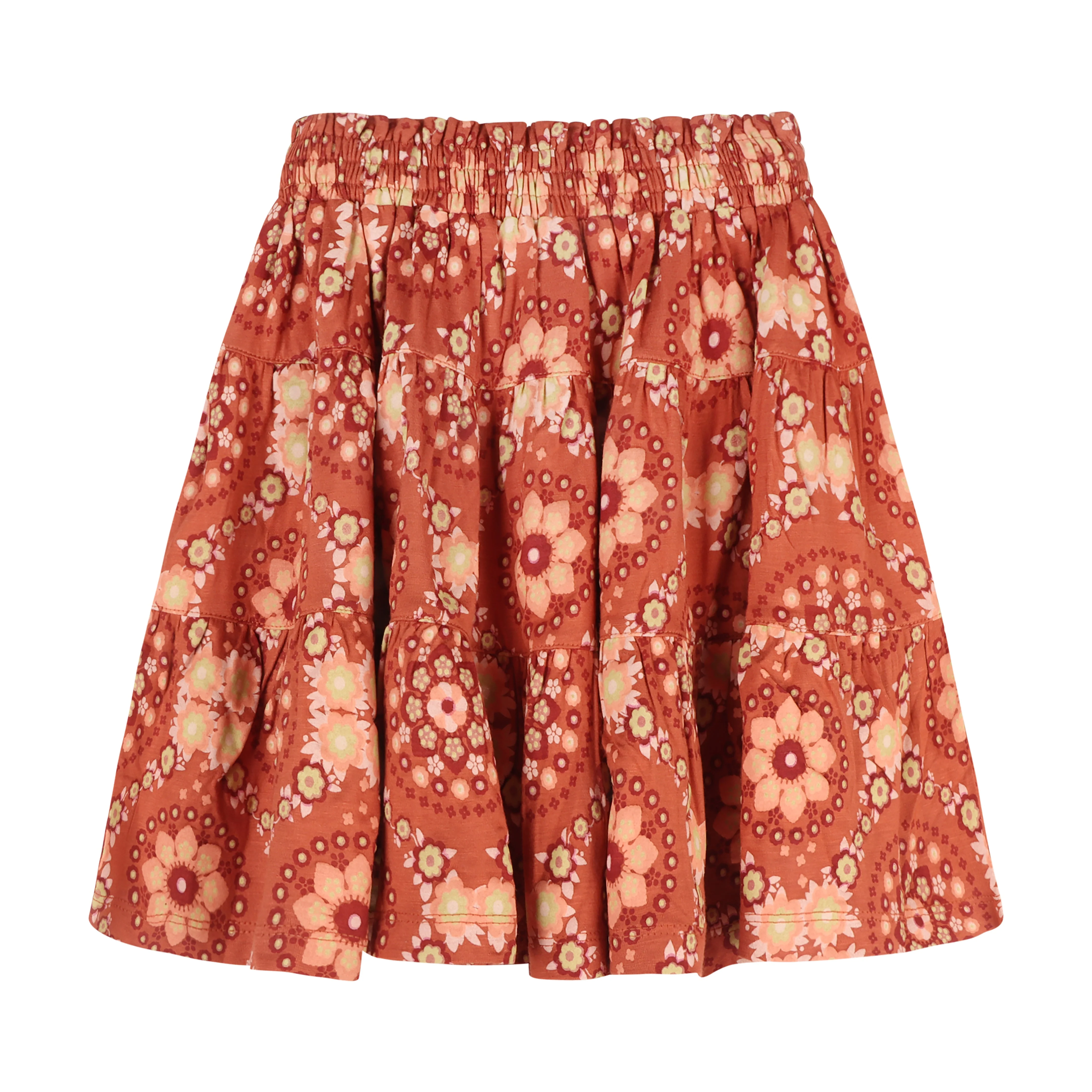 smocked tiered gathered maxi skirt | 70s floral wallpaper | bamboo