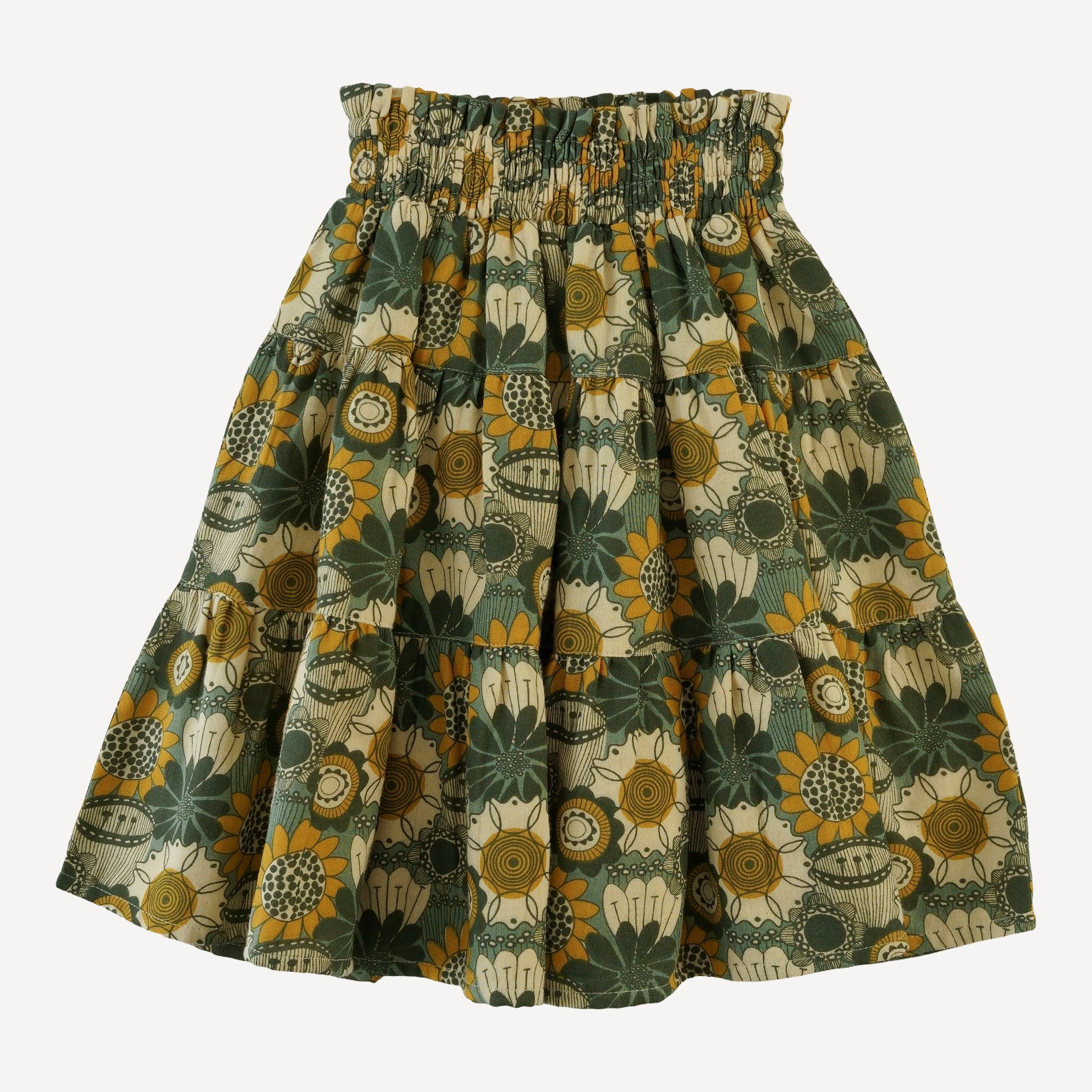 smocked tiered gathered skirt | honey mustard flower doodles | organic cotton gauze