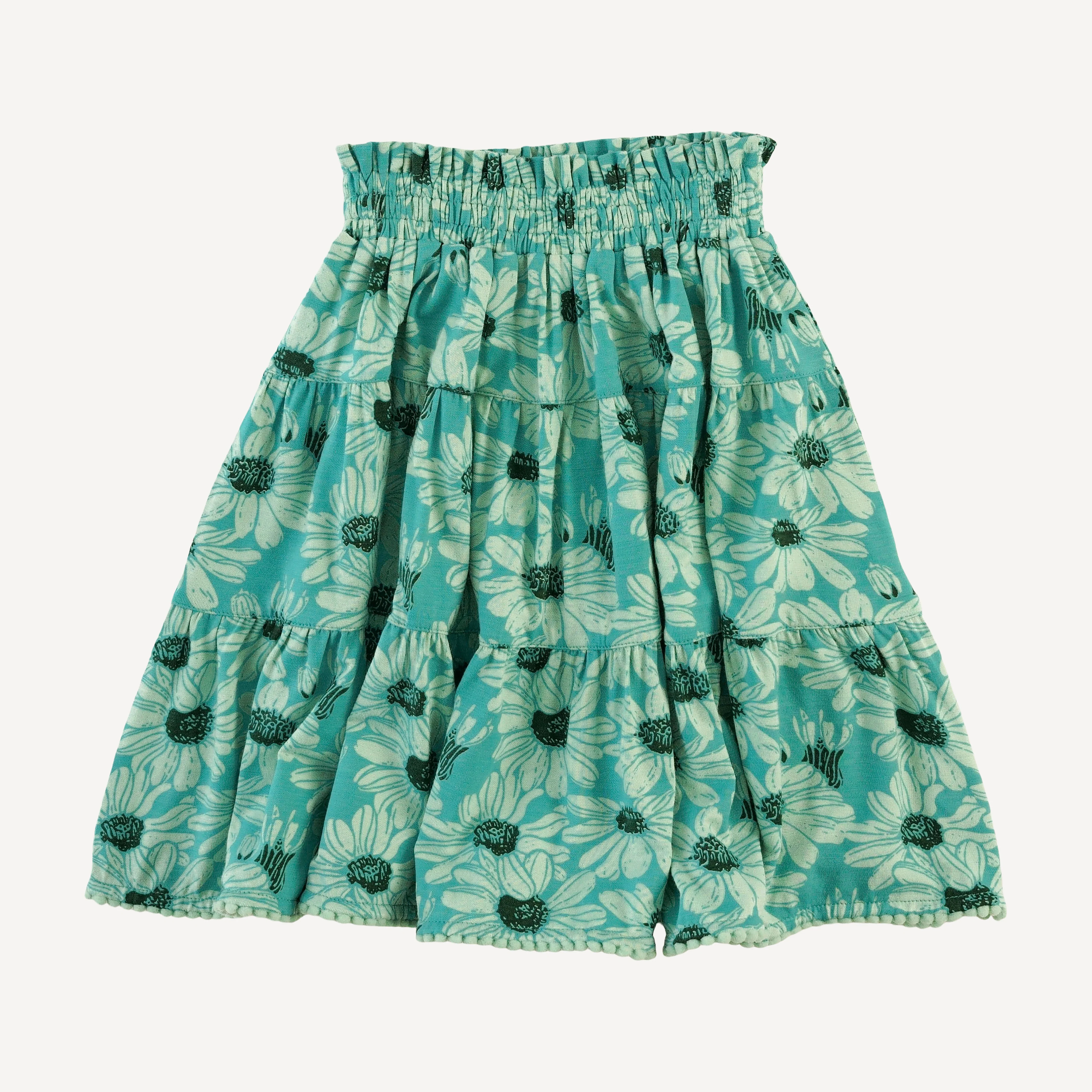 smocked tiered pom pom maxi skirt | green daisy | bamboo